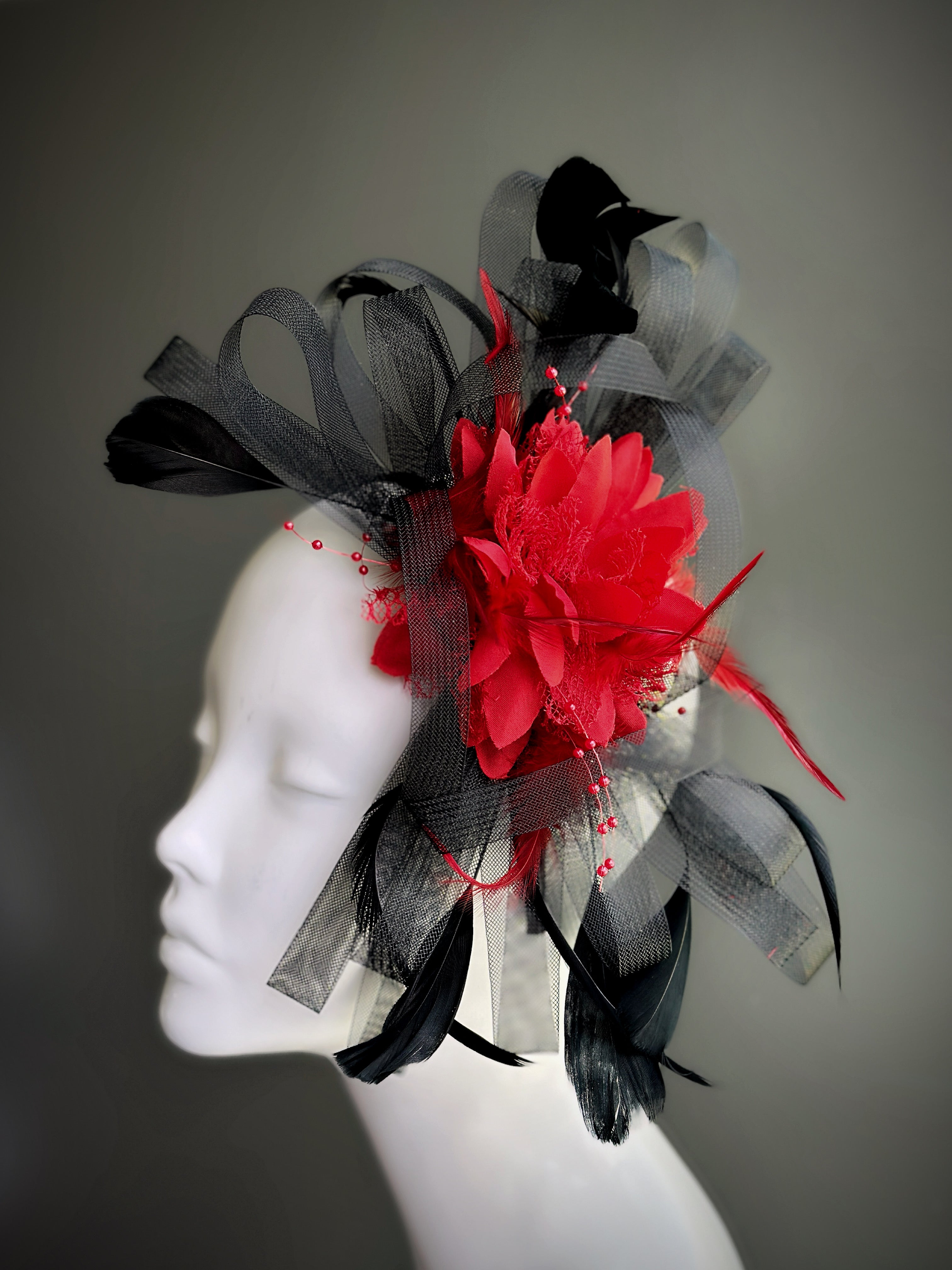Feather Tulle Hairpiece - Red Black