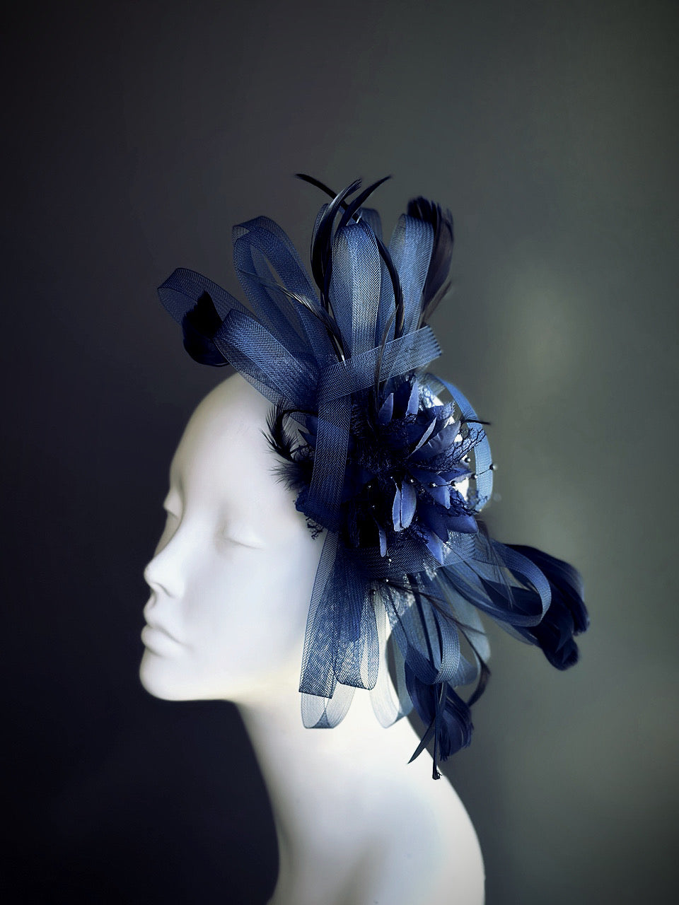 Feather Tulle Hairpiece - Navy
