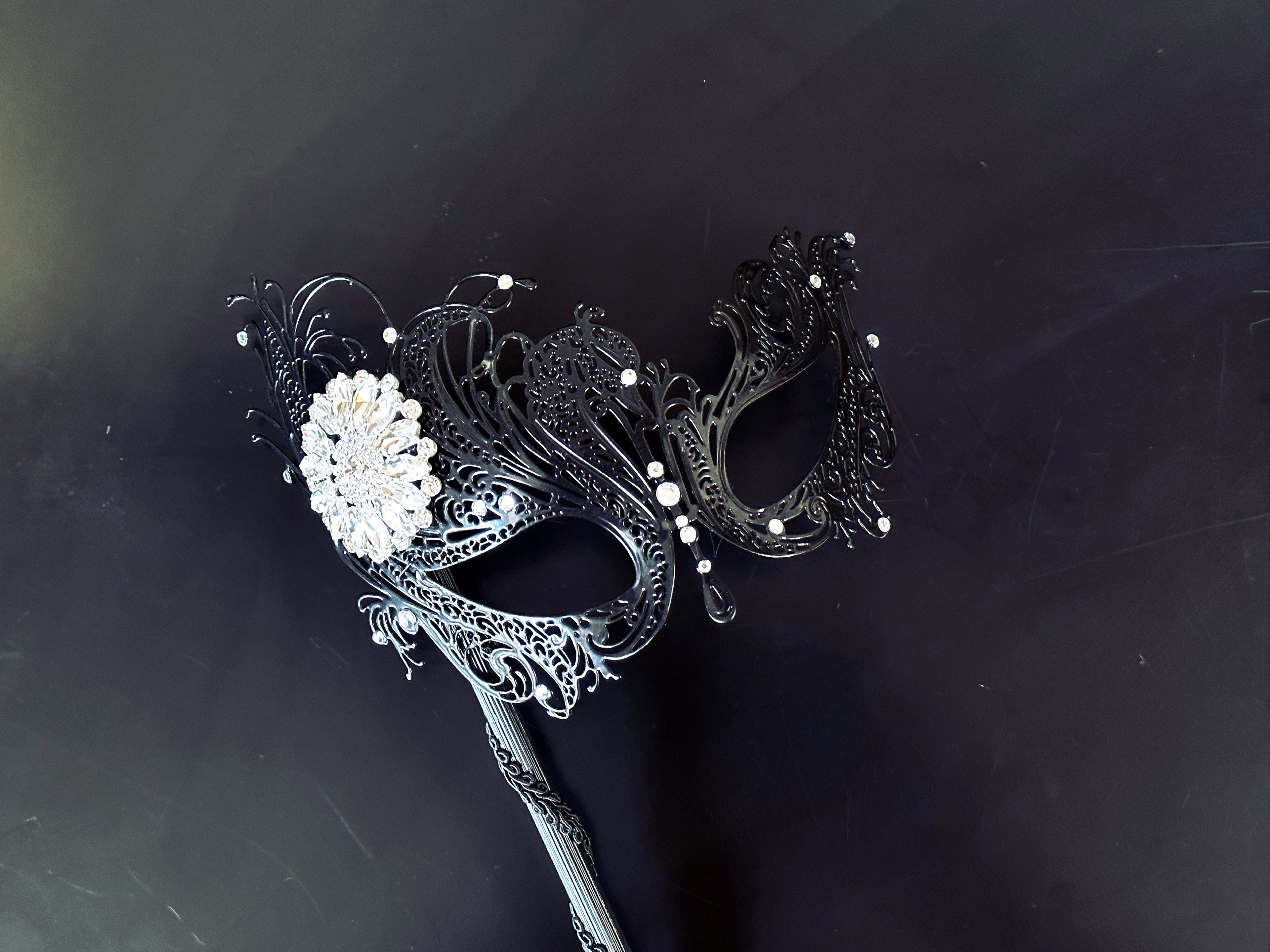 Swan Rhinestone Handheld Mask - White Brooch