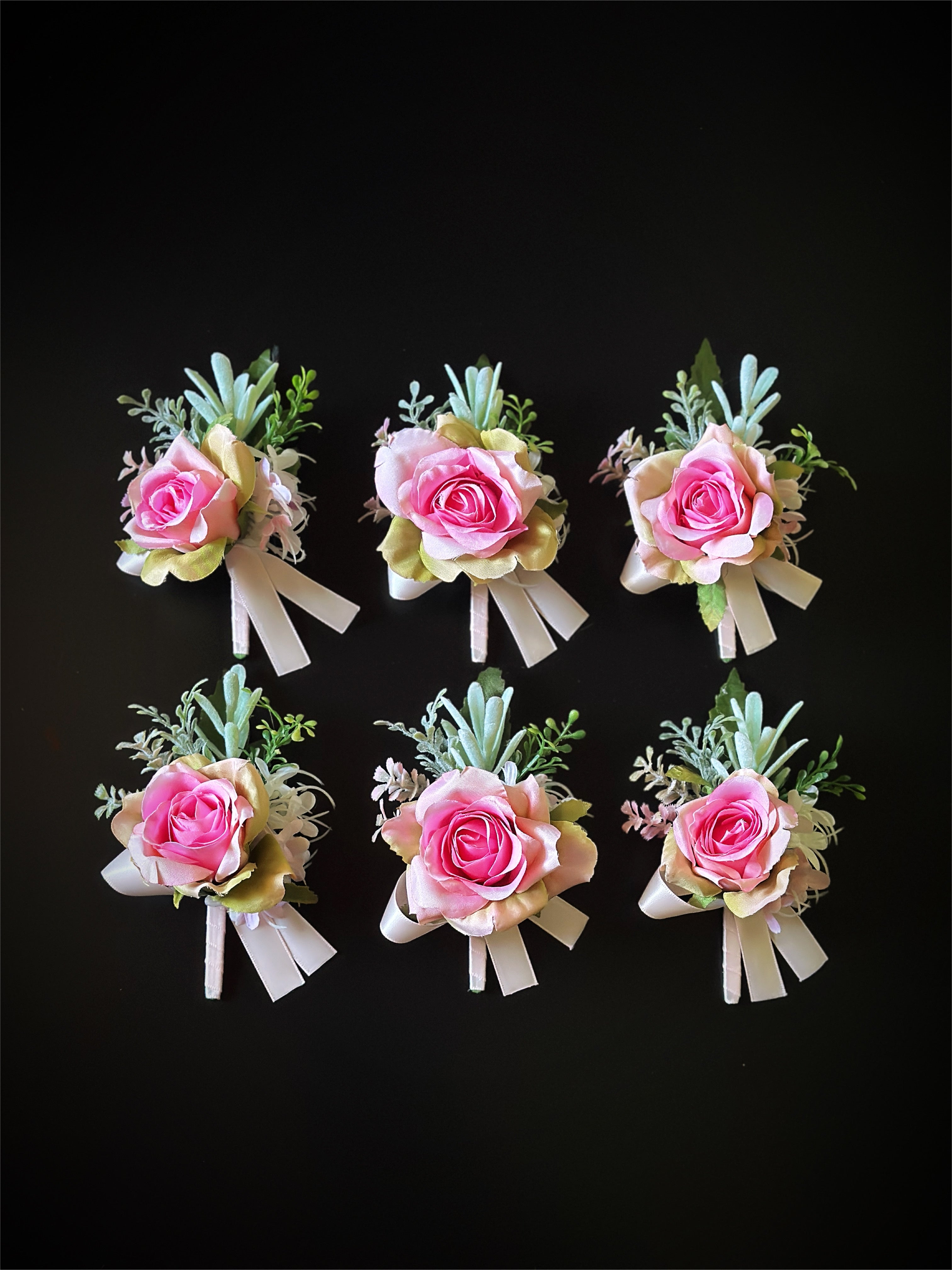Wedding Boutonniere Set - 6 PCS - Pink Green