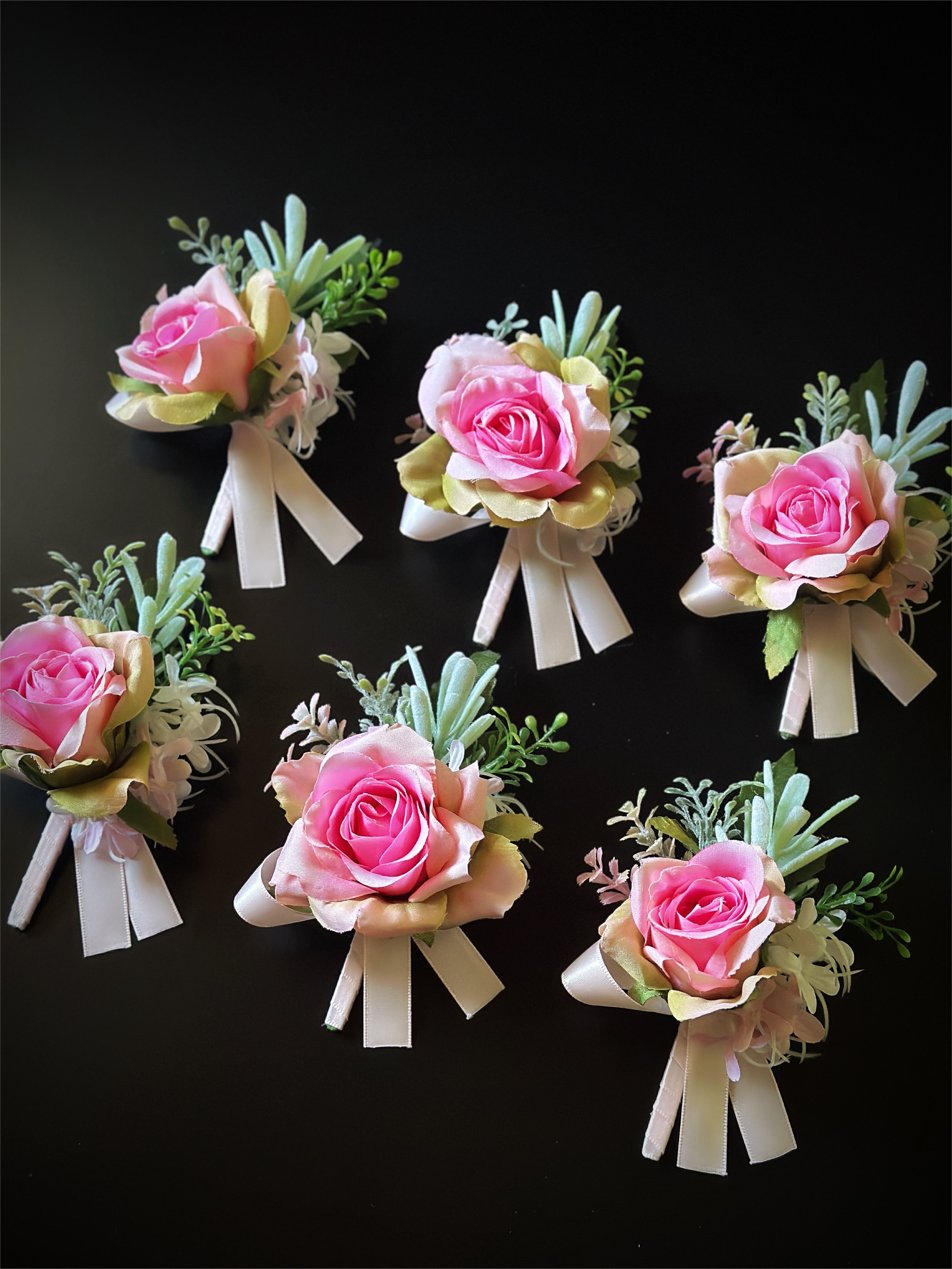 Wedding Boutonniere Set - 6 PCS - Pink Green