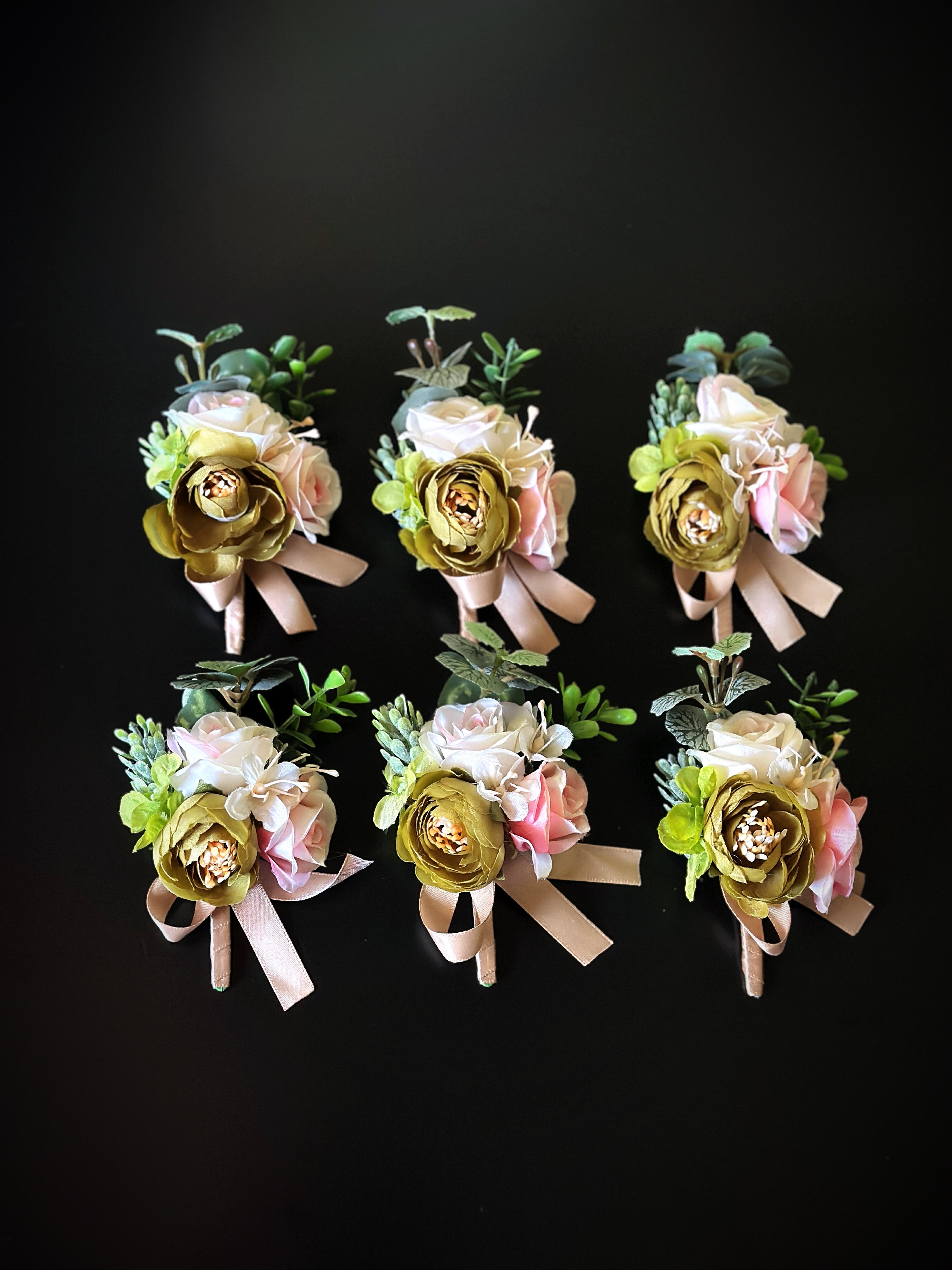 Wedding Boutonniere Set - 6 PCS - Green Pink Gold
