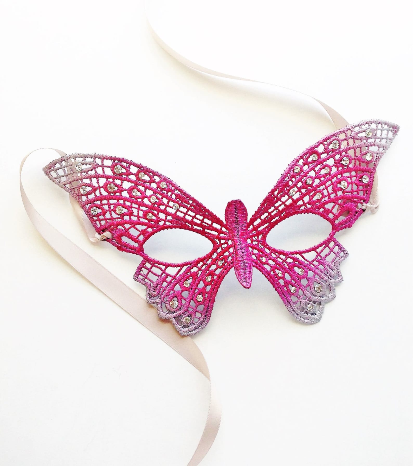 Kids lace butterfly masquerade mask in pink with silver edges and clear rhinestones.