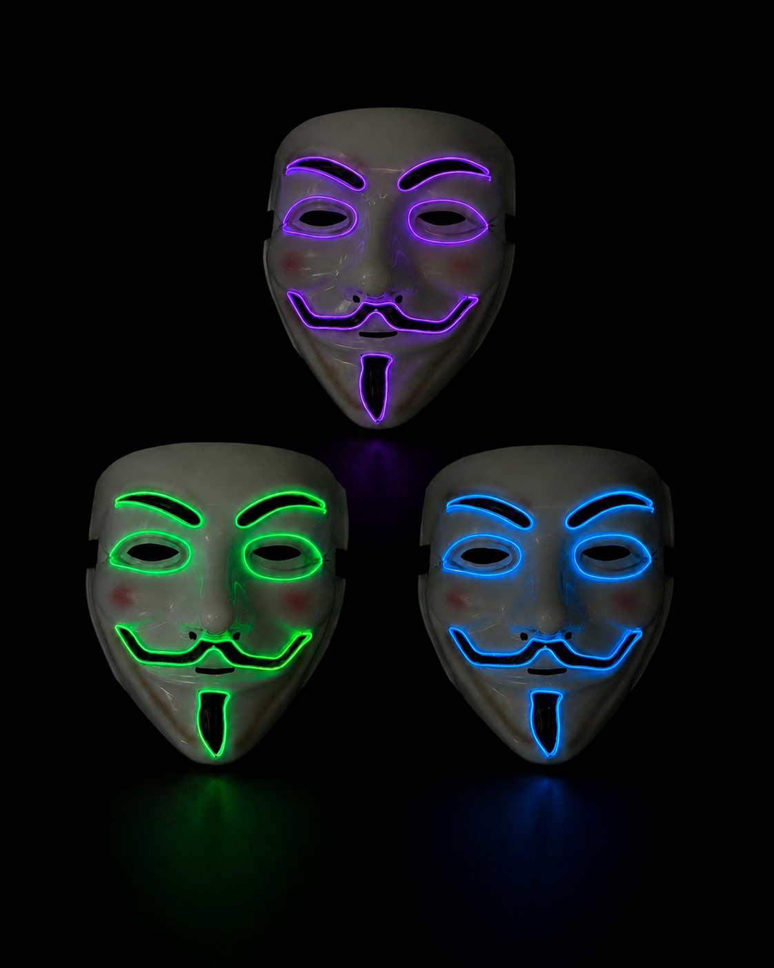 Bulk LED Anonymous-style masks with glowing blue, green, and purple EL wire for Halloween, cosplay, glow parties, and themed events.