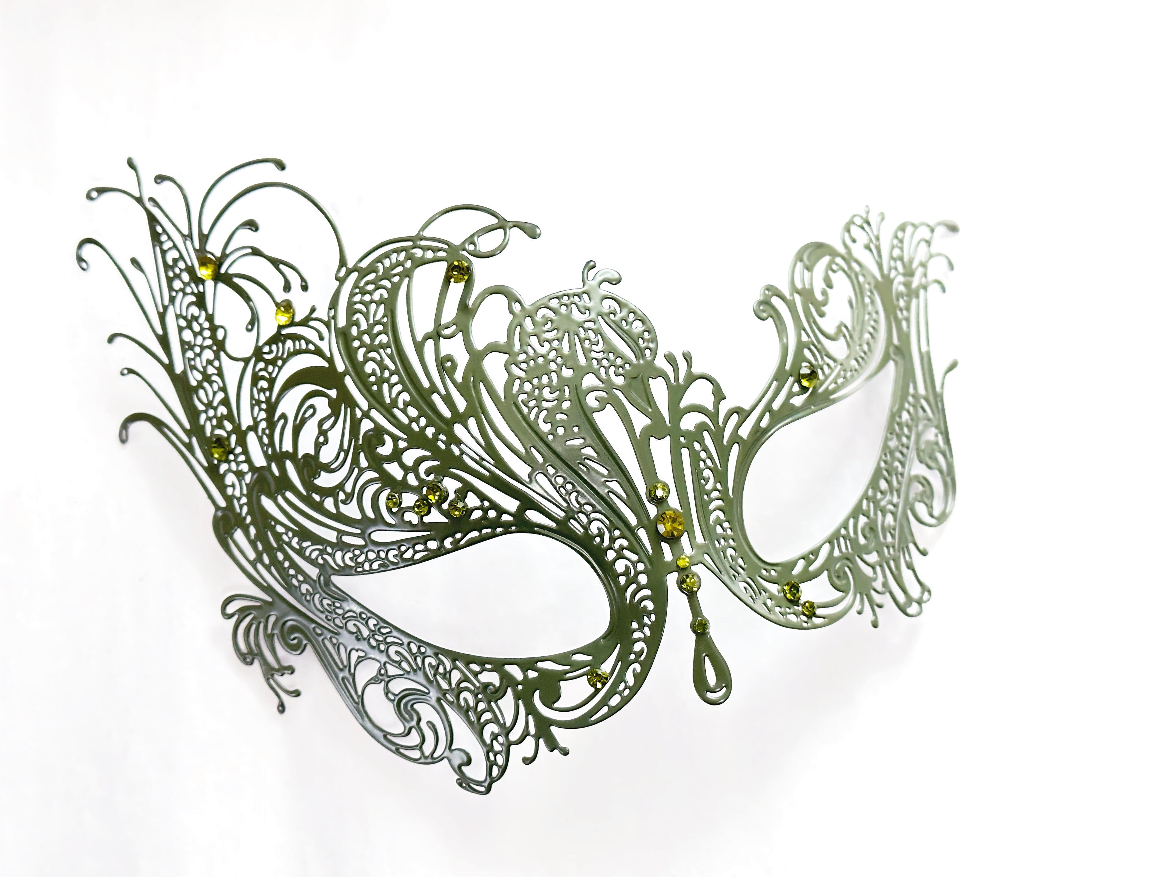 Green swan filigree metal masquerade mask with green rhinestones