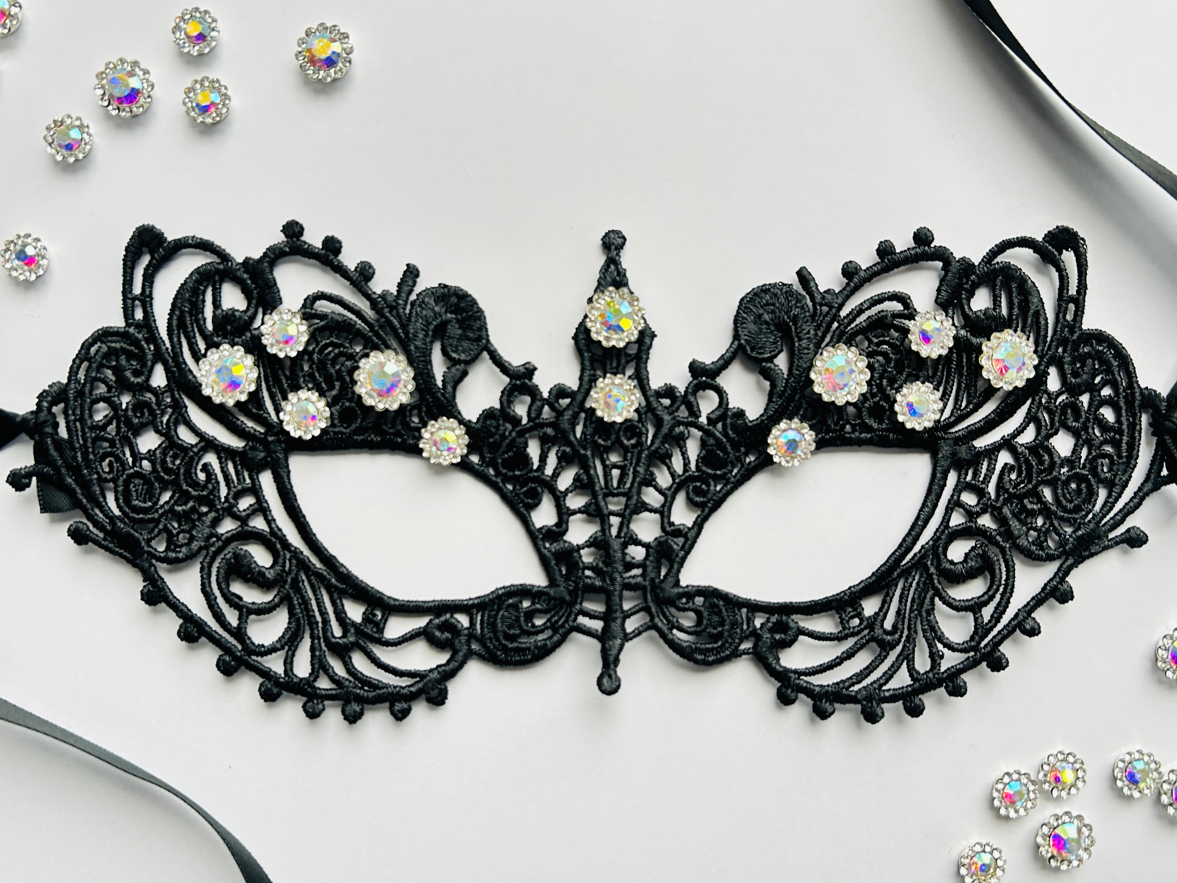 Black rhinestone lace masquerade mask for Venetian gala parties and formal evening events.
