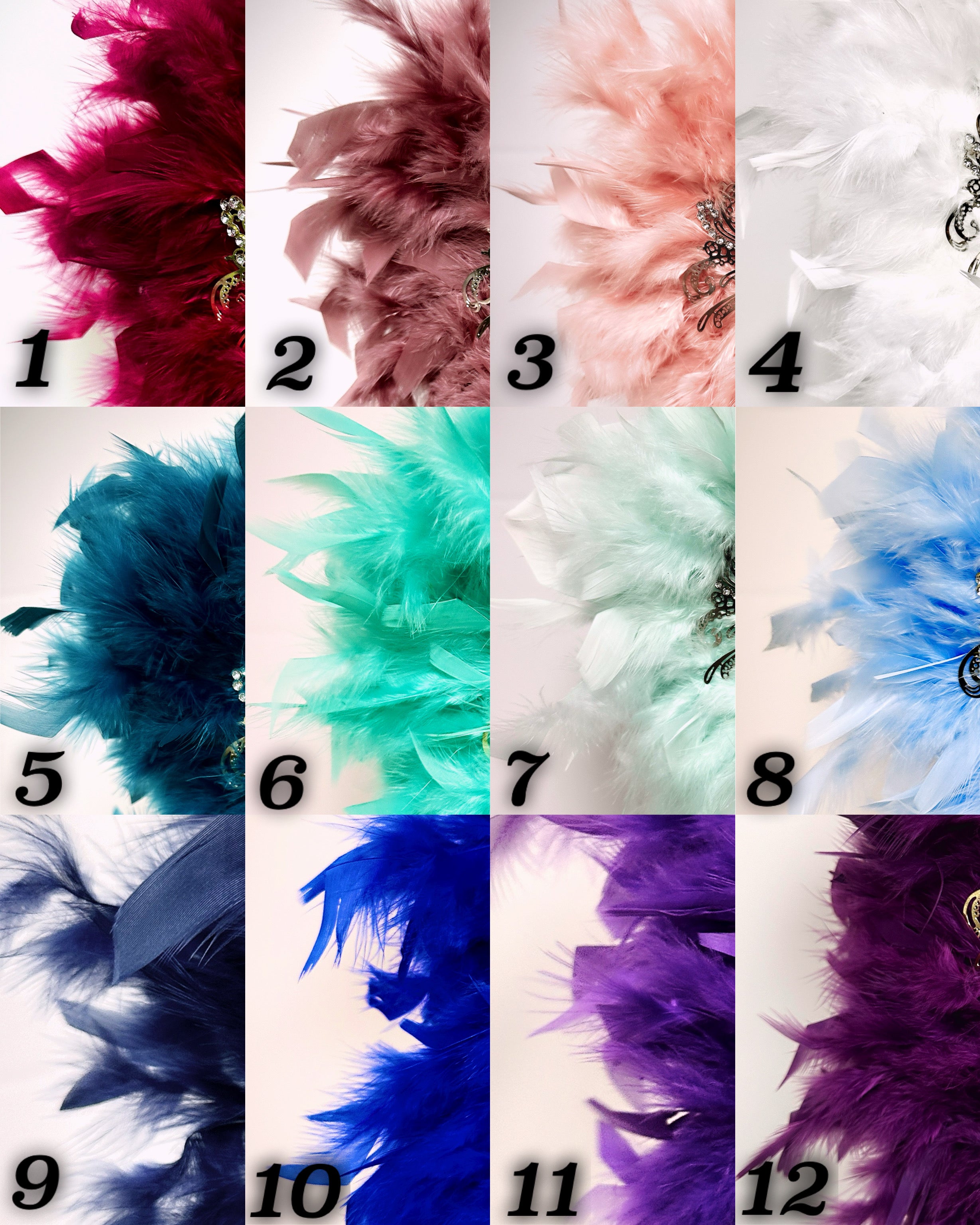 Twelve feather swatches labeled 1–12, showing options from burgundy to mint to royal blue