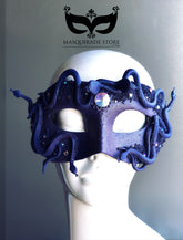 Navy masquerade mask with snakes and rhinestone accents inspired by Medusa for Halloween, cosplay, and gothic masquerade parties.