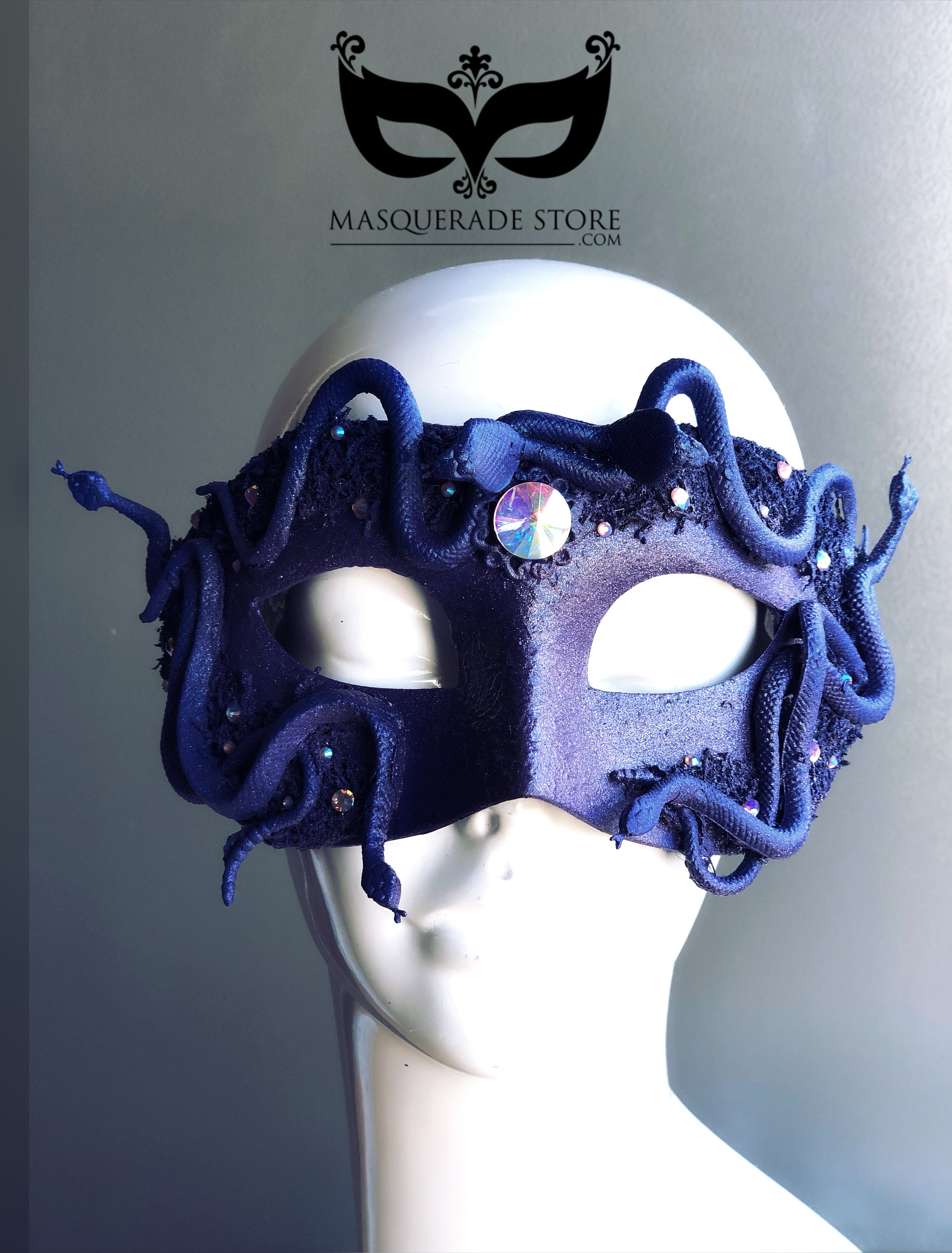 Navy masquerade mask with snakes and rhinestone accents inspired by Medusa for Halloween, cosplay, and gothic masquerade parties.