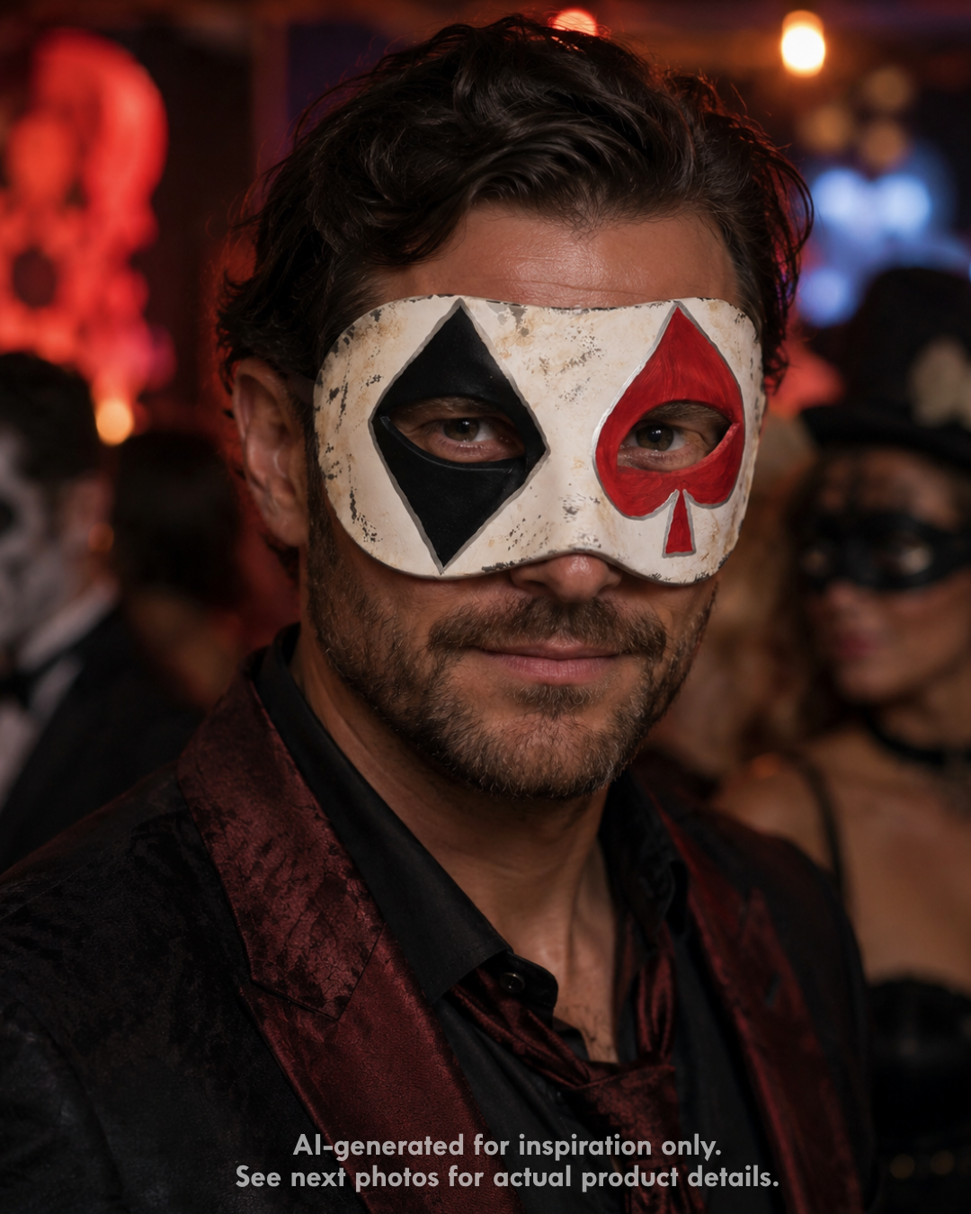 Harlequin Royale men’s casino mask with aged ivory-white base, black diamond eye detail, red spade accent, and distressed masquerade styling.