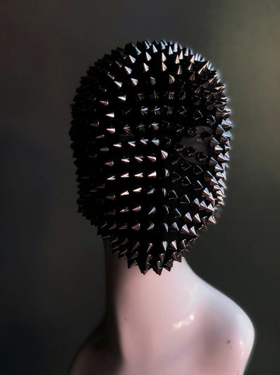 Mens masquerade fabric mask in black with silver metal spikes for sale.