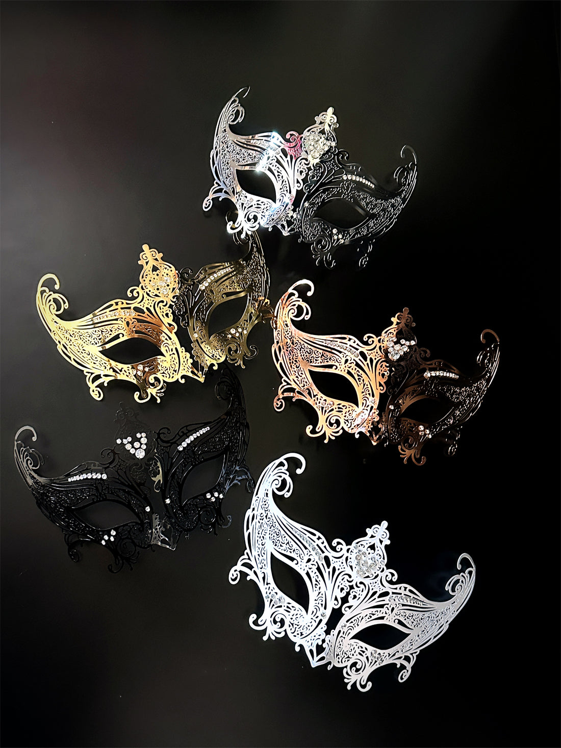 Elegant group masquerade mask set in metallic shades with filigree detailing and crystals—perfect for prom or party favors.