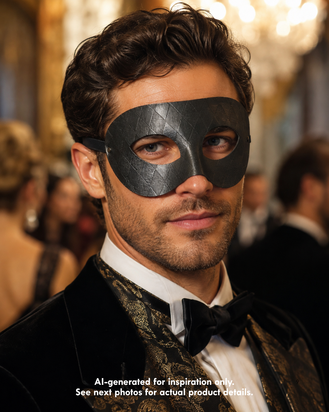 Midnight Facet Men Mask in black with embossed diamond texture and half-face masquerade styling.