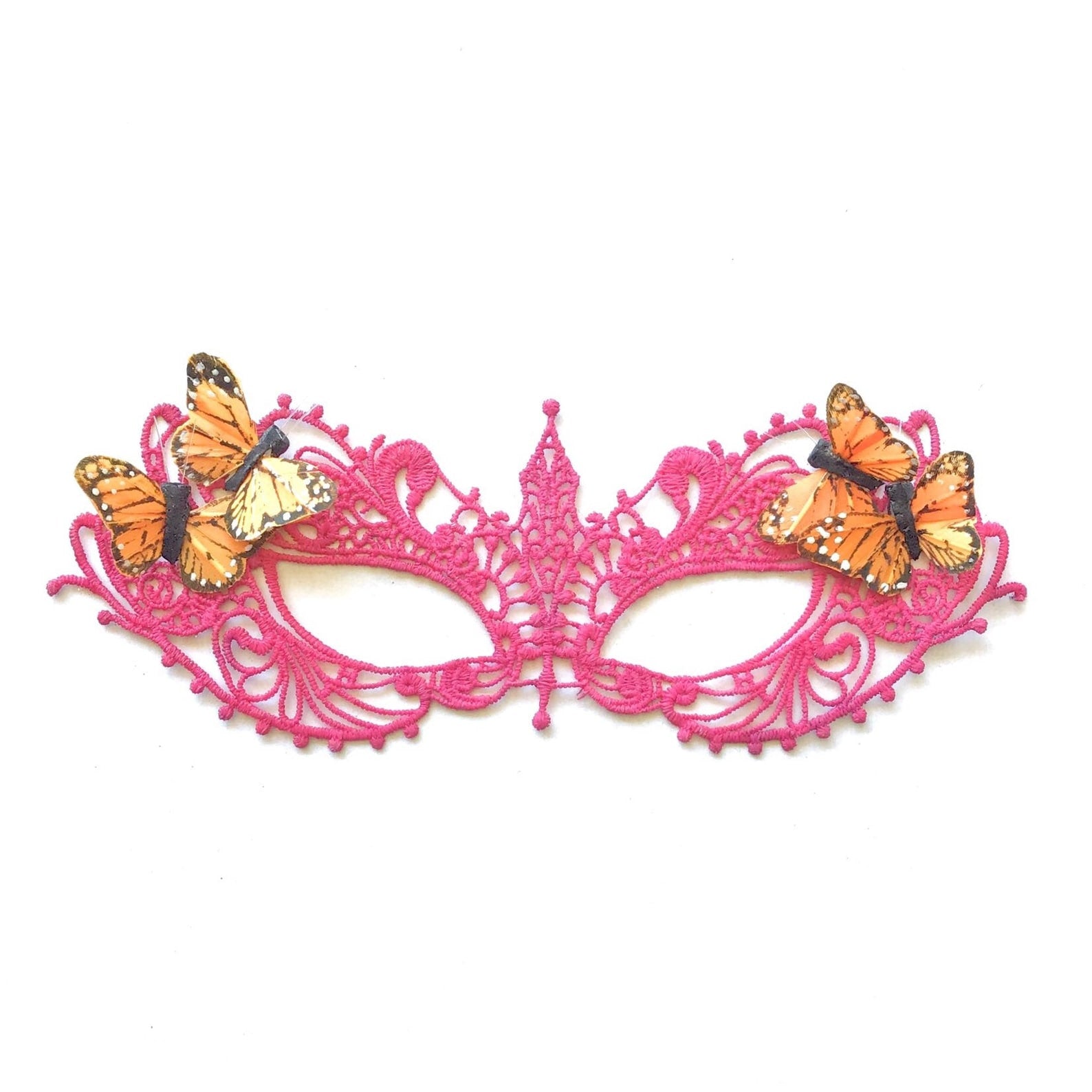 Hot pink lace mask with butterflies, ideal for playful masquerade events