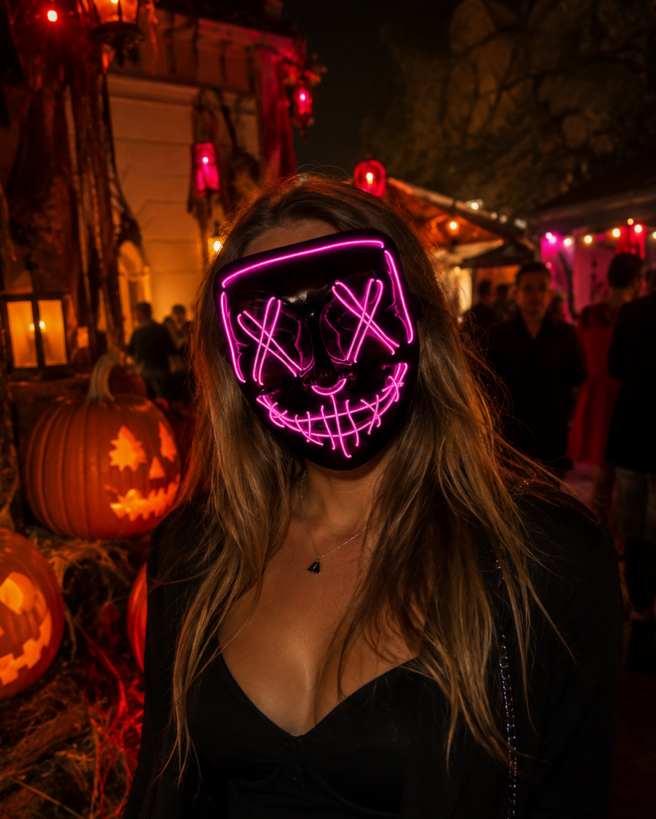 Pink Voltage LED light-up mask with glowing pink X eyes, stitched smile design, full-face shape, replaceable battery, and three lighting settings.