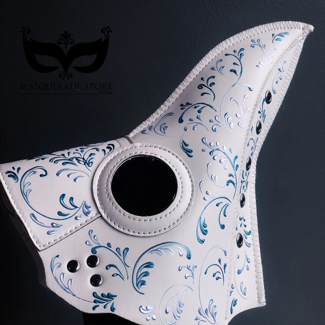 Blue and white plague masquerade mask with ornamental detailing and dramatic beak for Halloween balls or fantasy parties.