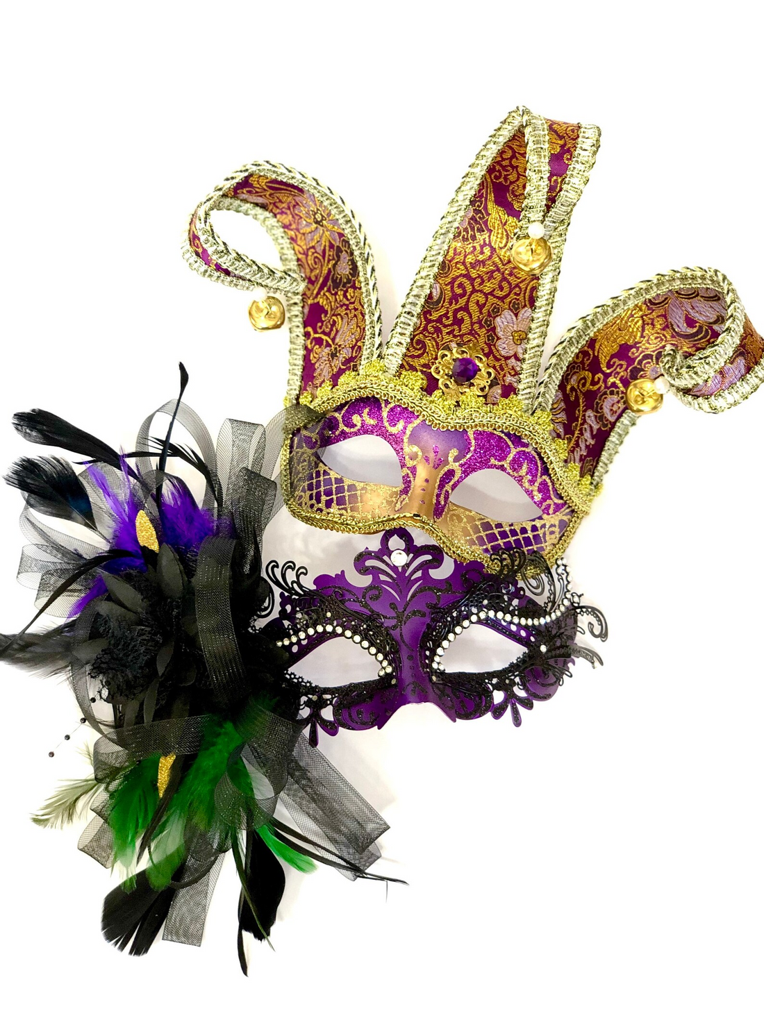 Purple and gold jester masquerade couples mask set, one with a tall jester-style design and one feathered Colombina mask, perfect for Mardi Gras and Venetian masquerade balls.