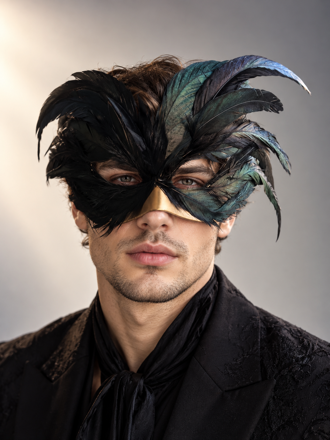 Raven Wing Masquerade Mask with layered black feathers, iridescent green-blue highlights, sweeping wing-like extensions, and gold-toned nose bridge.