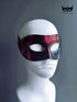 Red and black men’s masquerade half mask with Venetian textured finish.