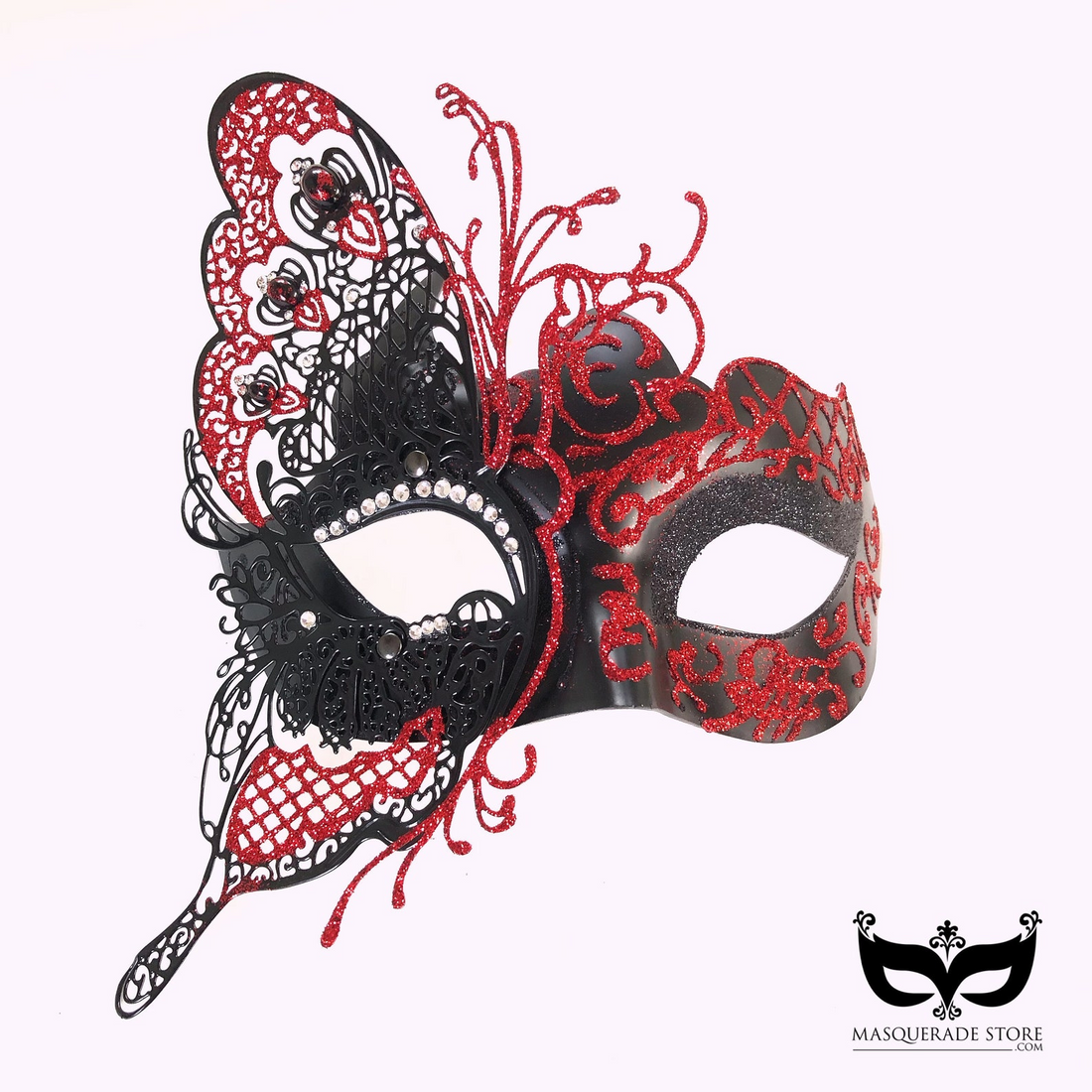 Masquerade masks featuring a women’s red and black butterfly lace rhinestone mask.