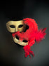 Elegant couples masquerade mask set with red feathers and gold matte finish