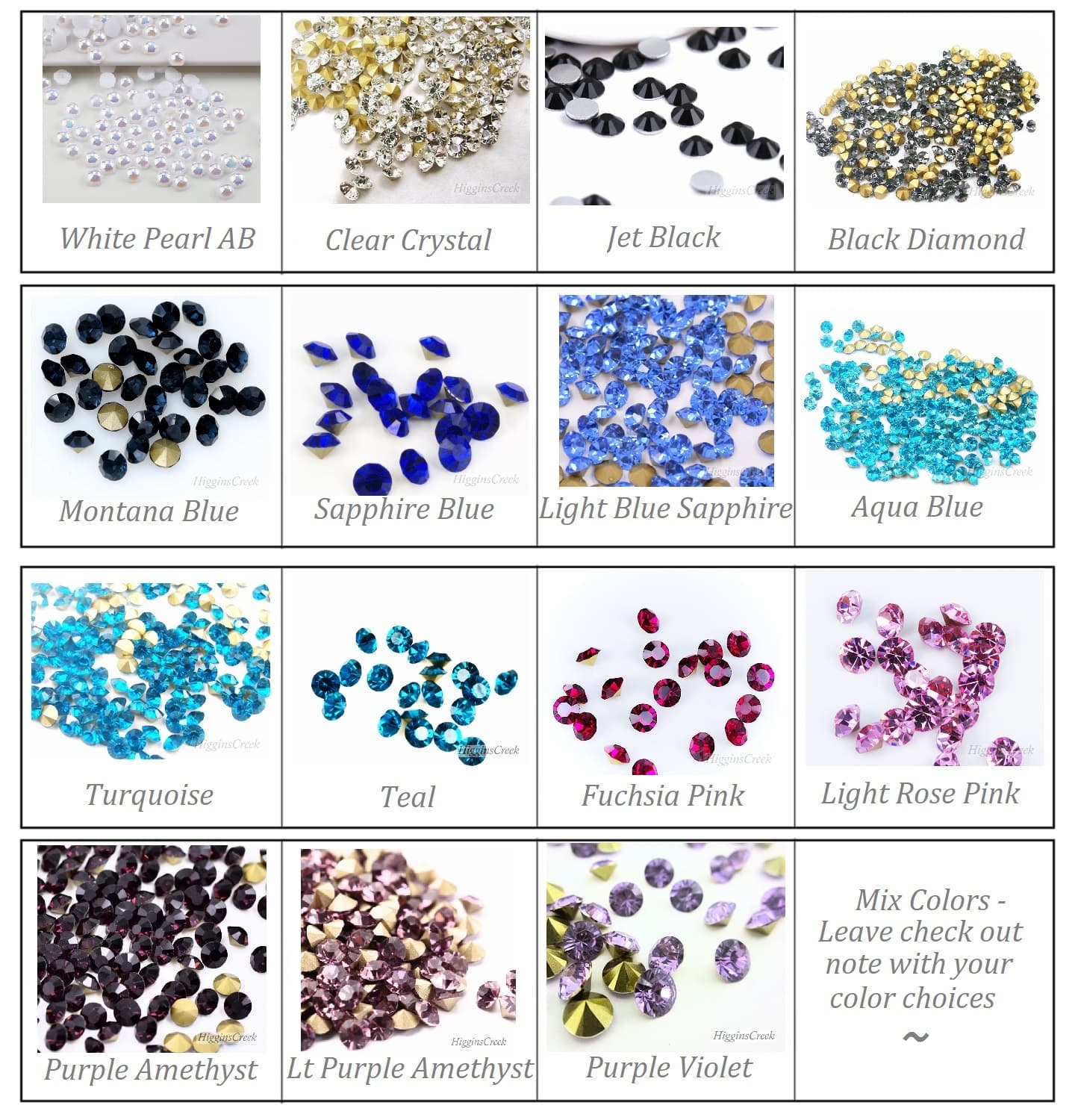 Sparkly rhinestone selection guide for customizing masquerade masks and hats with vibrant jewel tones.