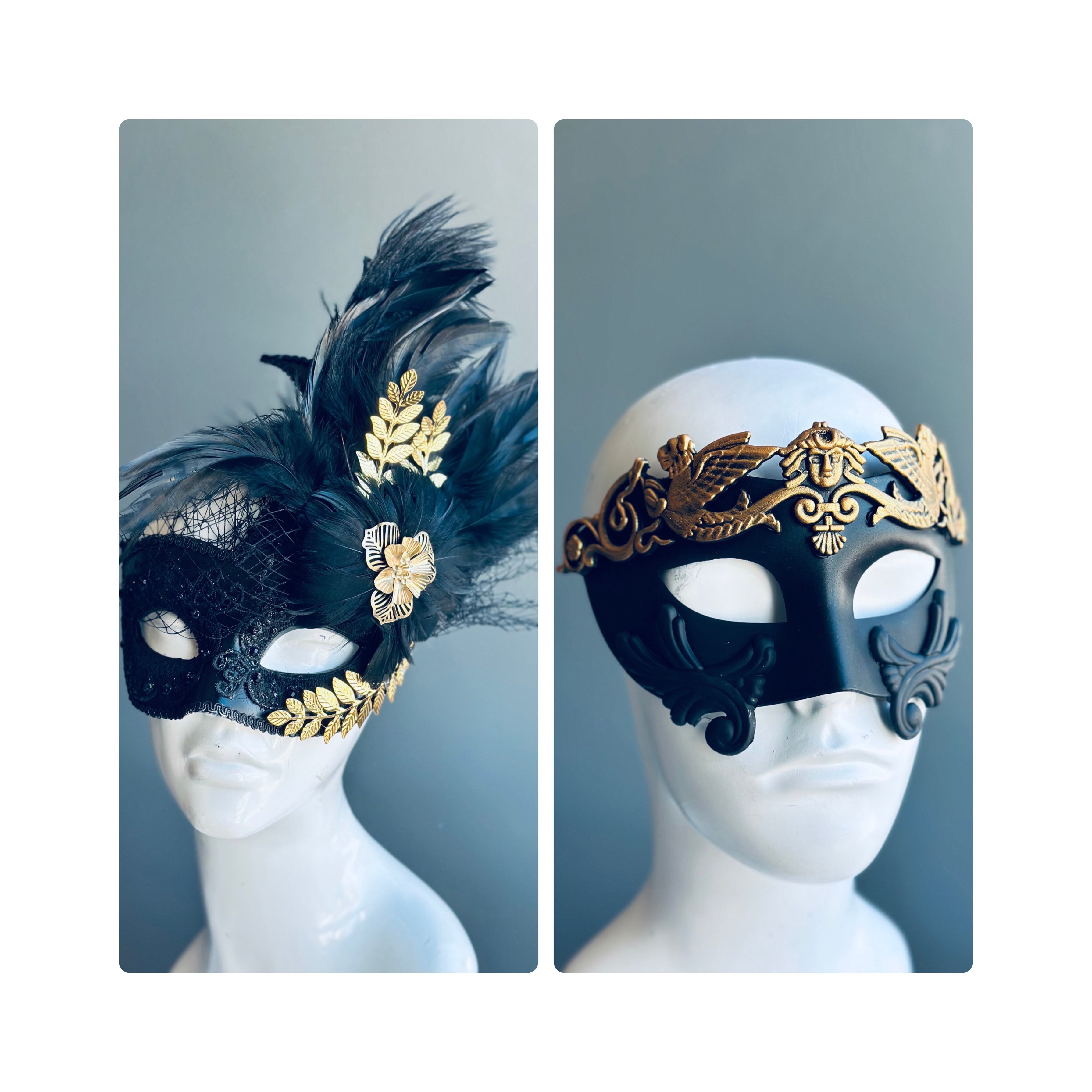 Feathered black and gold masquerade masks for couples featuring Roman empire-style accents