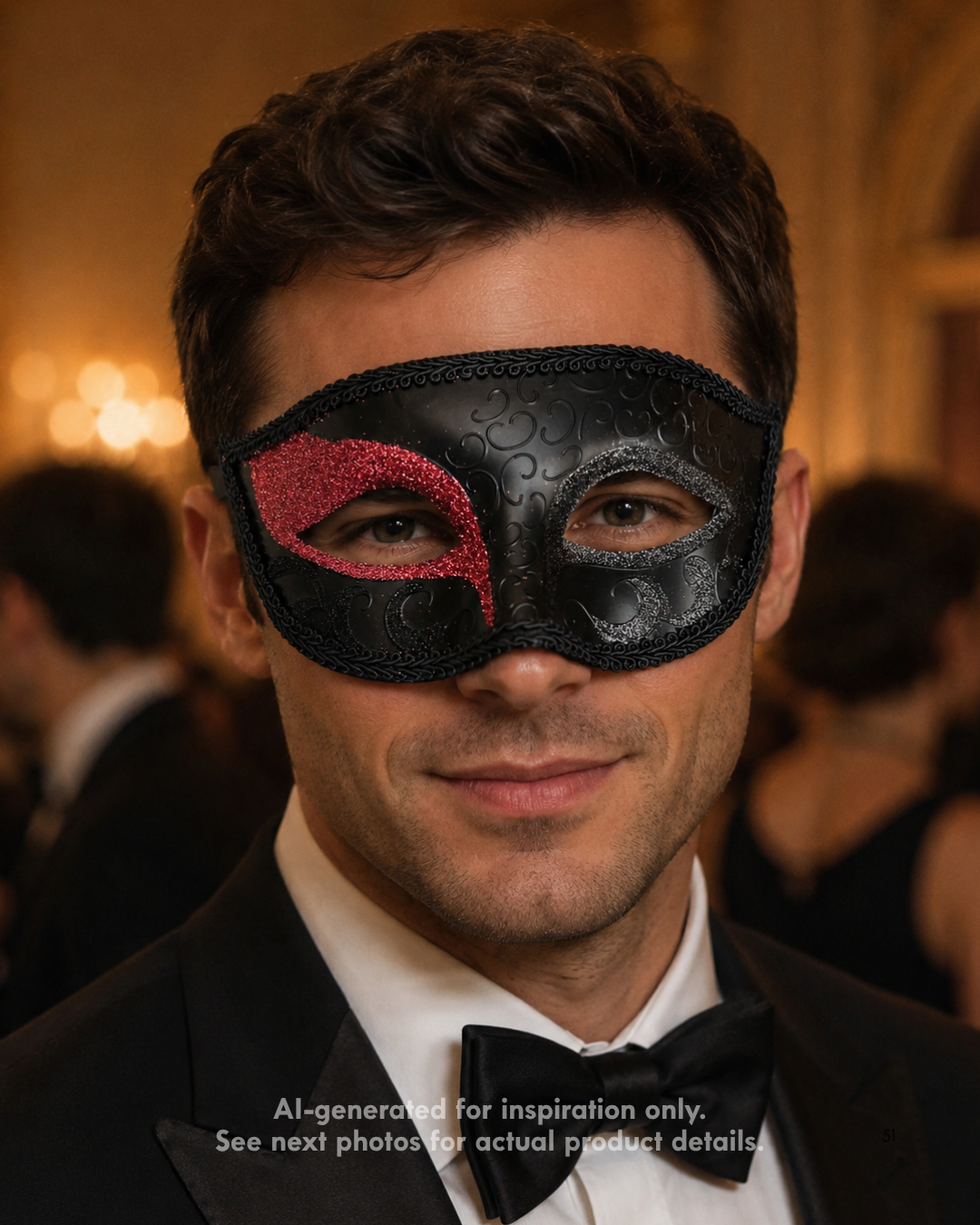 Ruby Nocturne men’s masquerade mask with black base, ruby red glitter eye accent, silver glitter detailing, raised scroll patterns, and ribbon ties.