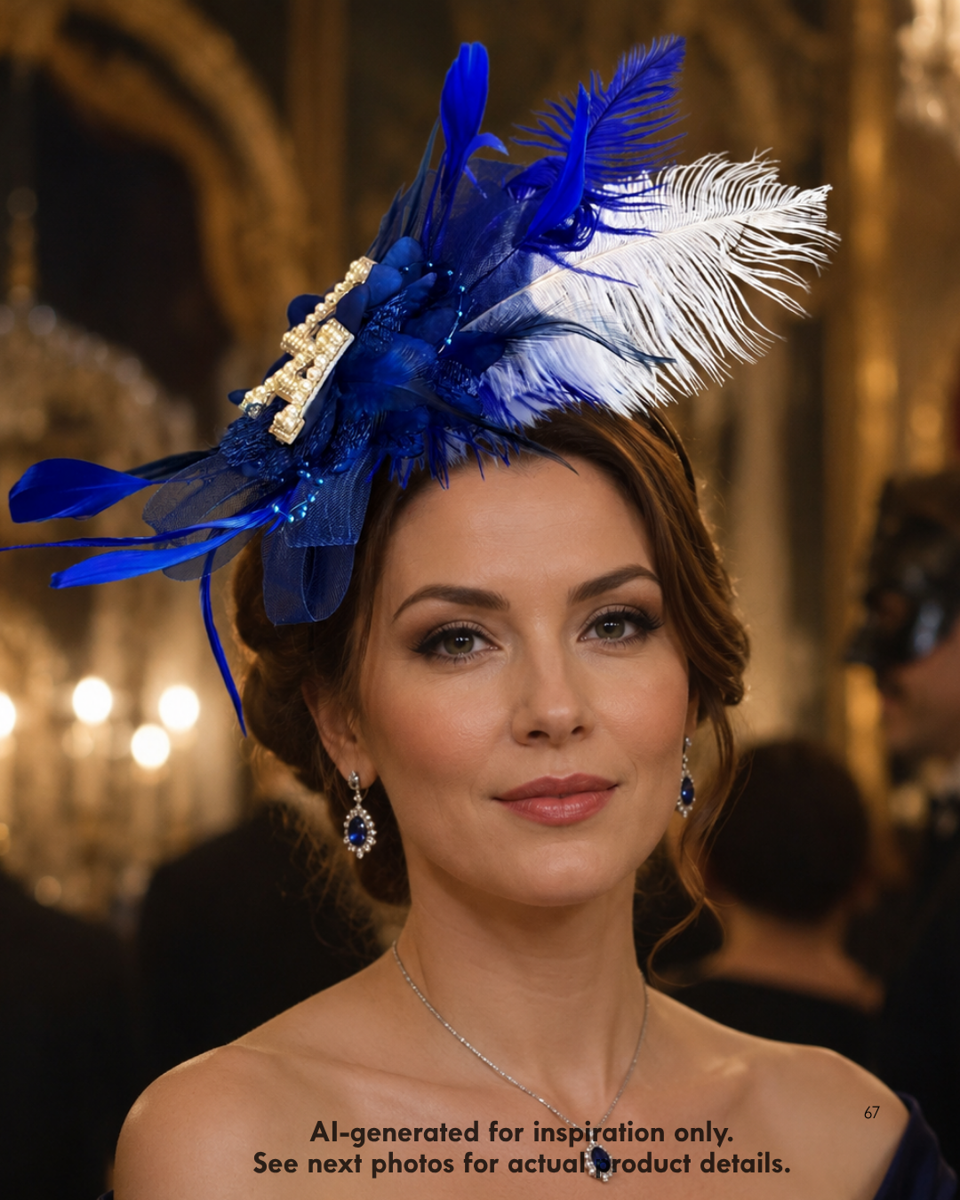Royal blue LA fascinator with layered feathers, floral accents, blue tulle, pearl rhinestone letter details, and statement game-day styling.