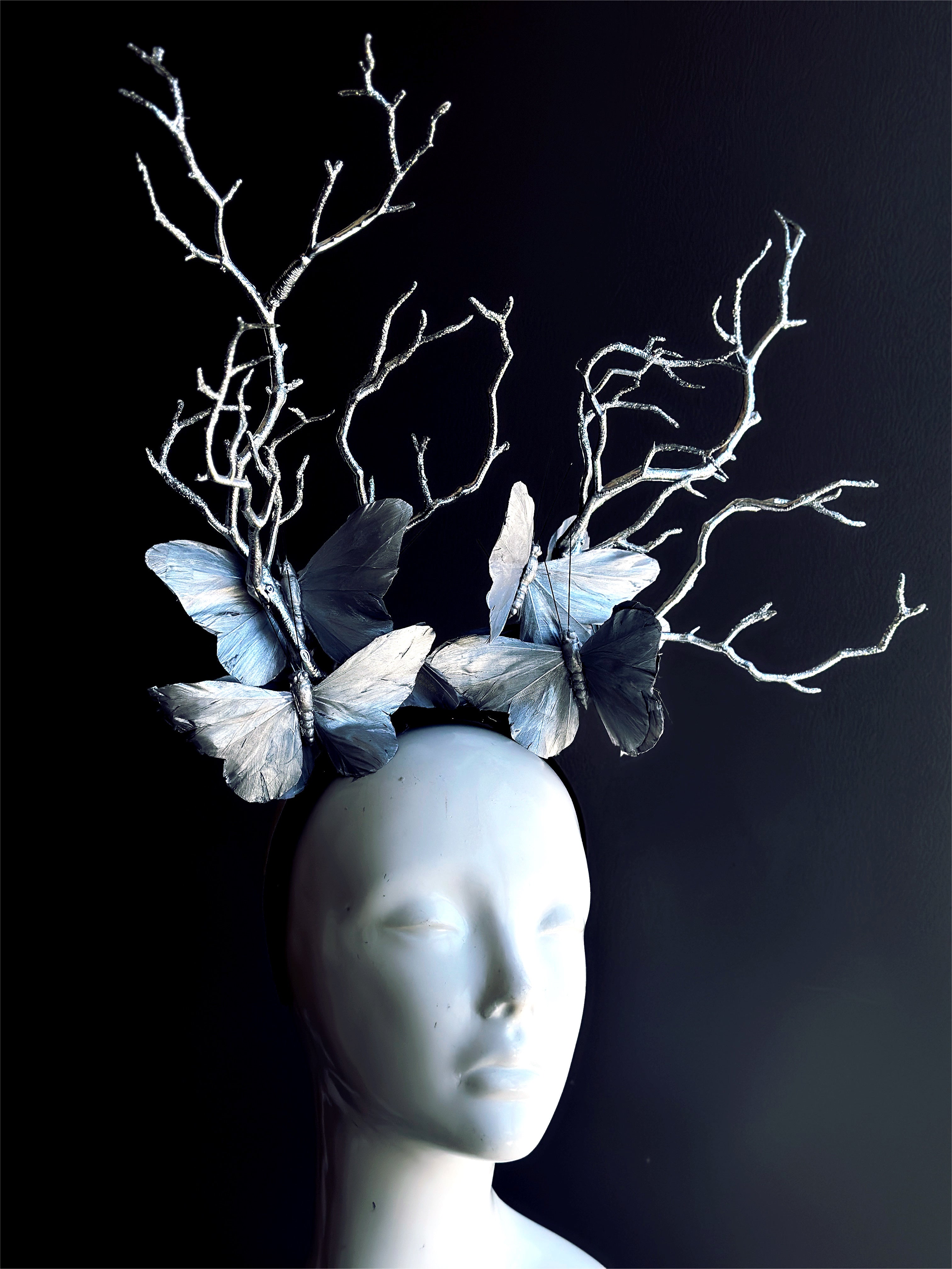 Silver butterfly masquerade headpiece with branch crown design for woodland fairy or fantasy costumes