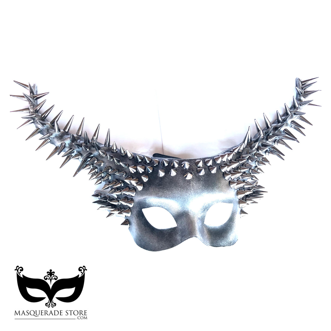 Silver horn masquerade mask with spiked gothic design, perfect for Halloween, cosplay, and costume parties.