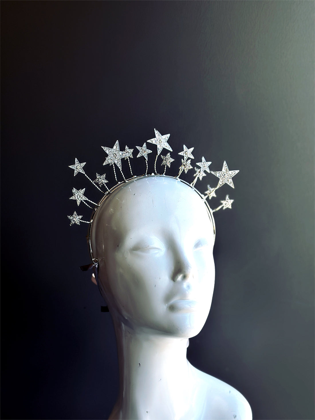 Glittering silver celestial crown headband with starburst design for cosmic weddings, Halloween costumes, or fantasy goddess events