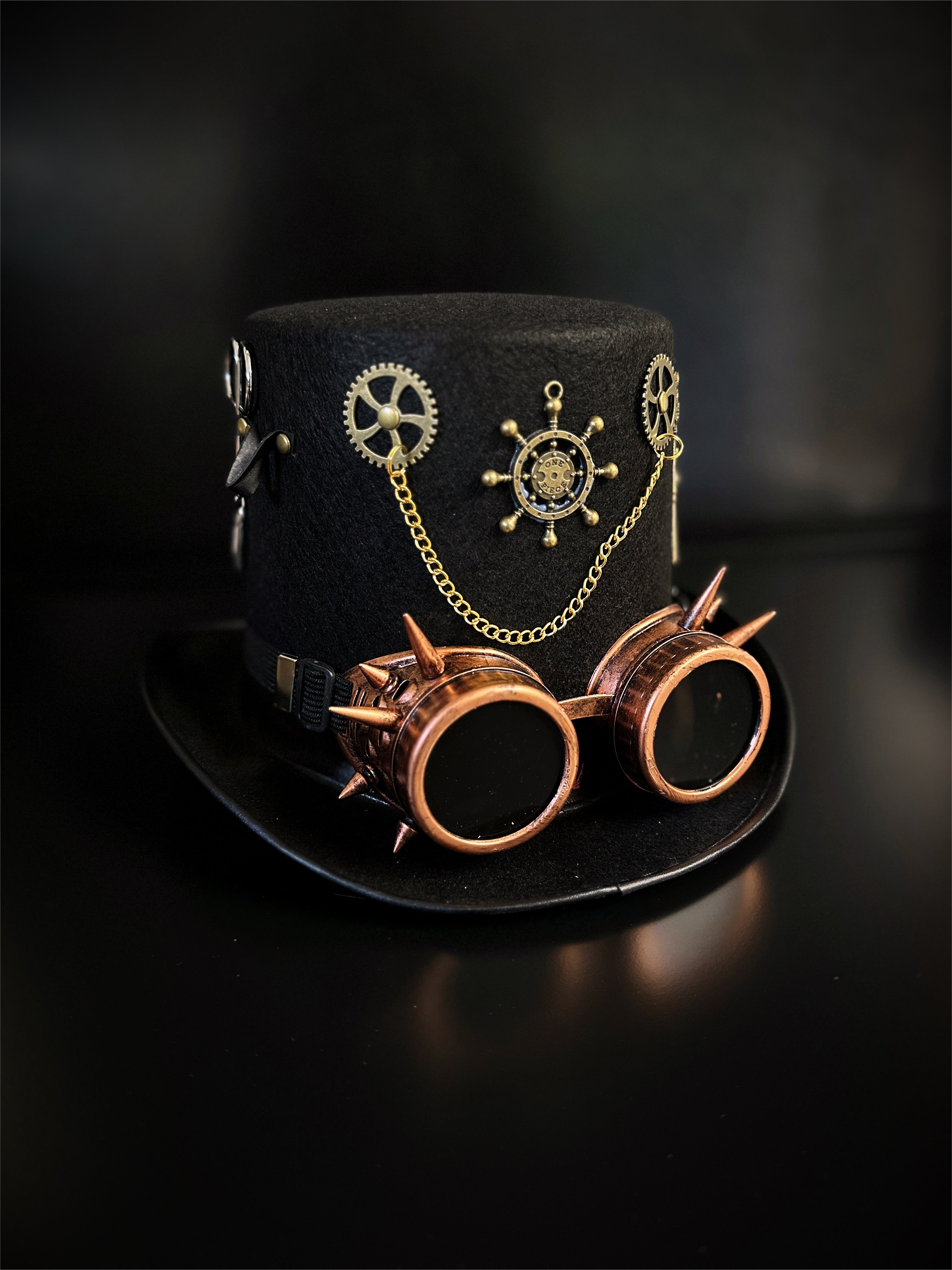 Steampunk Hat Black Spike Goggles Gears