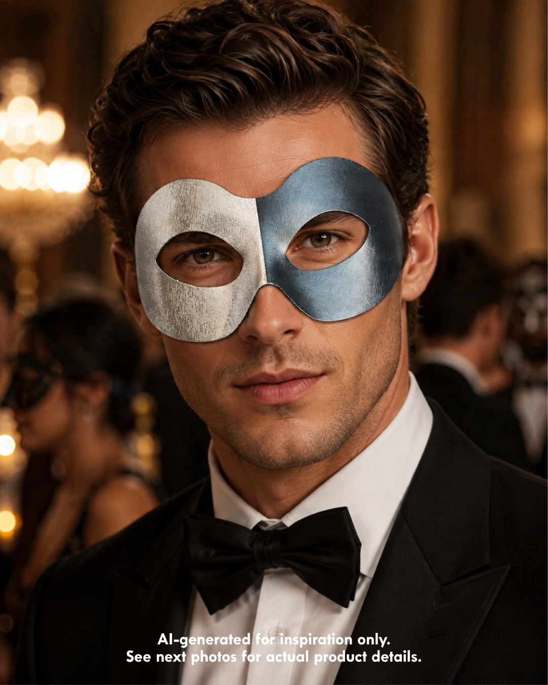 Sterling Shadow Men Mask in silver and black with split-color half-face design, subtle texture, and formal masquerade styling.