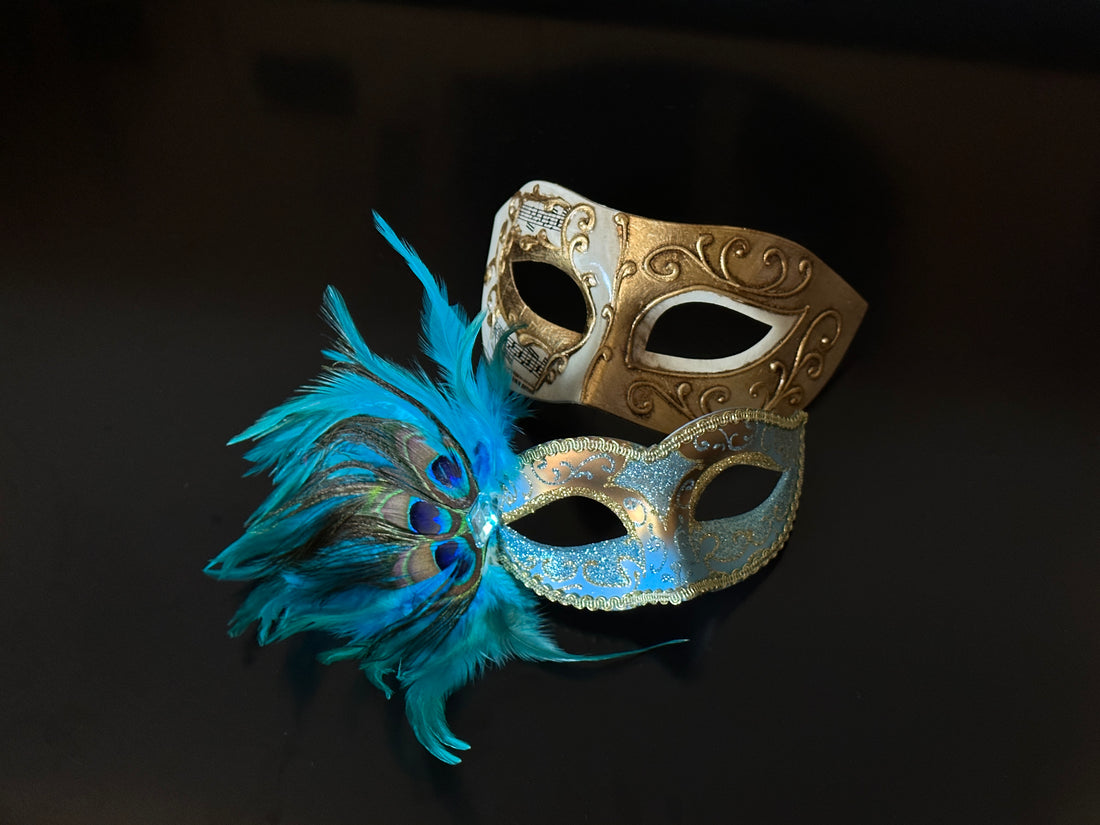 Elegant turquoise and gold masquerade mask set with peacock feathers and scroll detailing, perfect for couples costumes and prom.