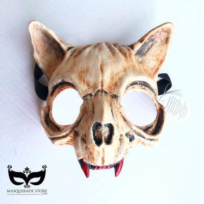 Gothic vampire cat skull masquerade mask with red fangs for Halloween, cosplay, and horror-themed parties