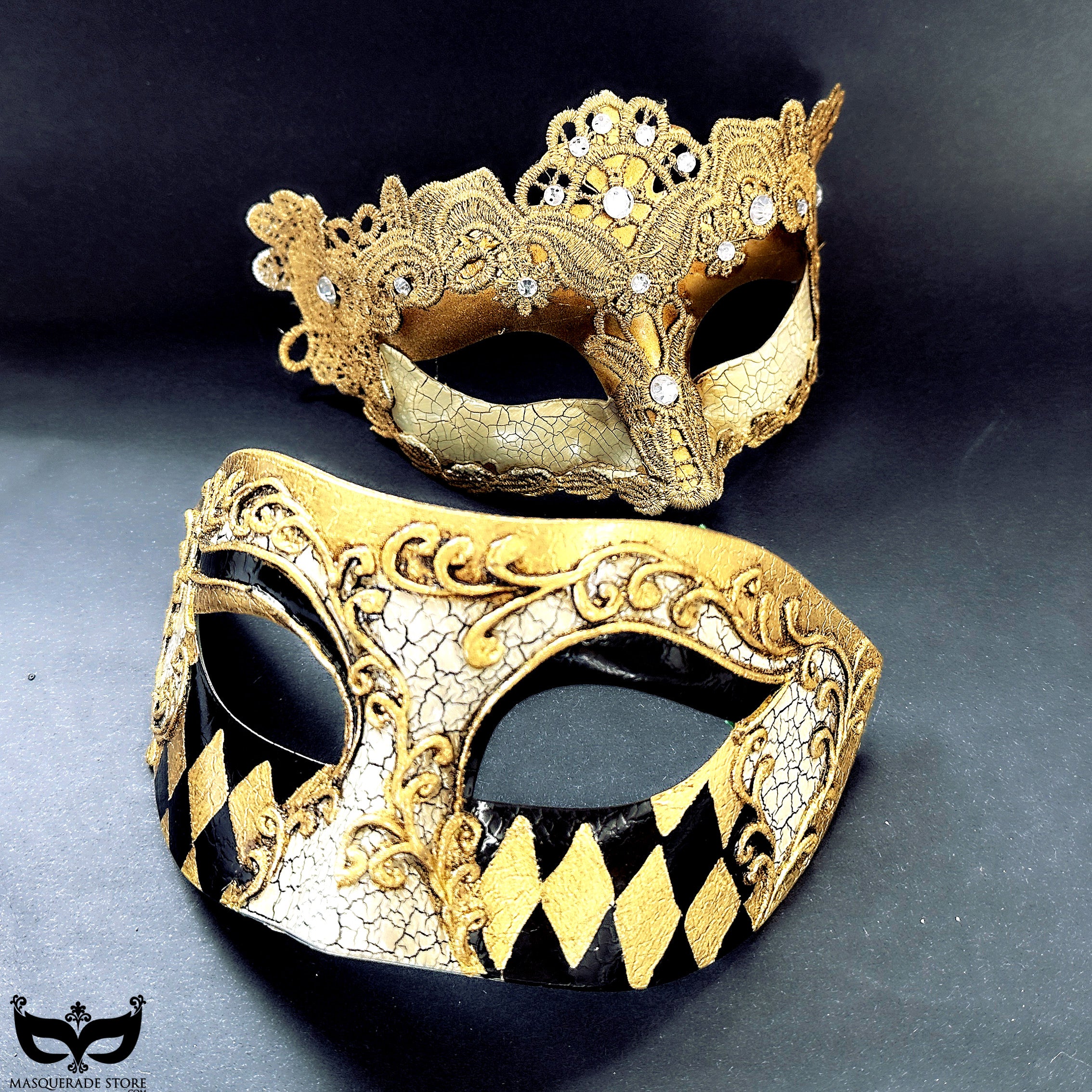 Venetian gold couples masquerade mask set with jeweled lace crown mask and harlequin diamond mask, perfect for prom, carnival, and masquerade balls.