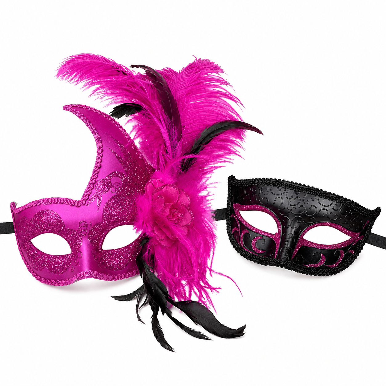 Pink Plume Elegance Couples Mask Set