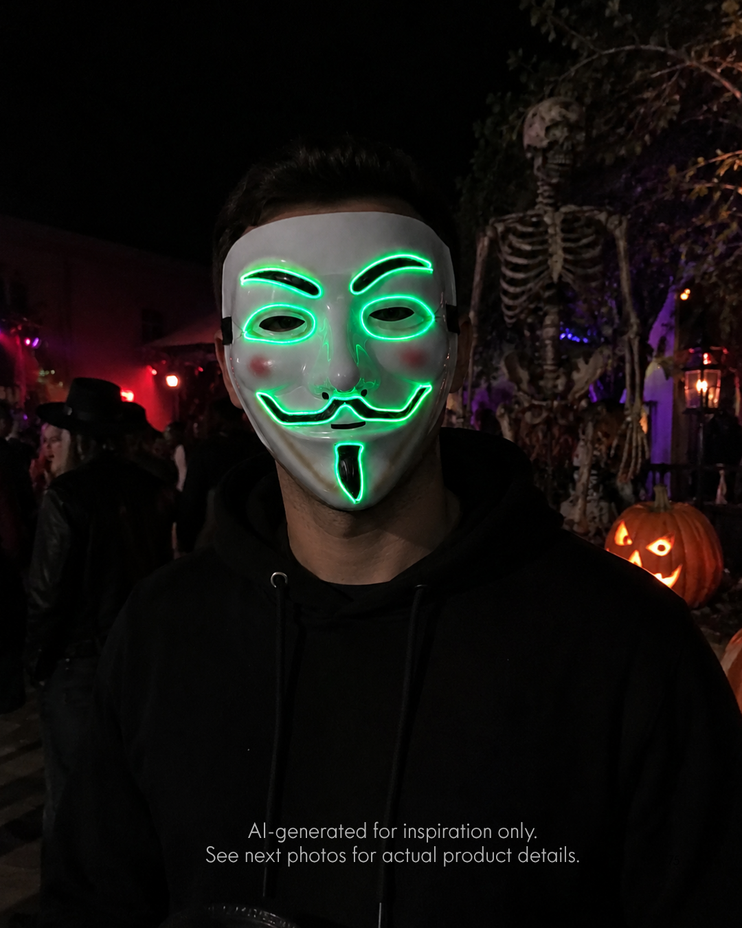 Green Voltage LED light-up mask with glowing green eye, brow, smile, mustache, and chin details, replaceable battery, and three lighting settings.