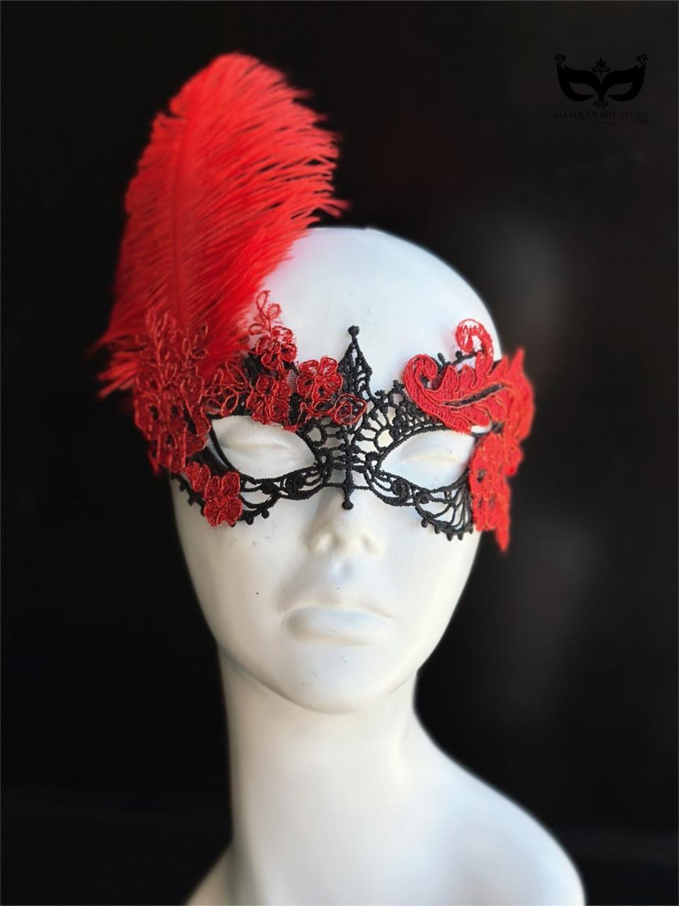 Crimson Plume – Red & Black Lace Mask