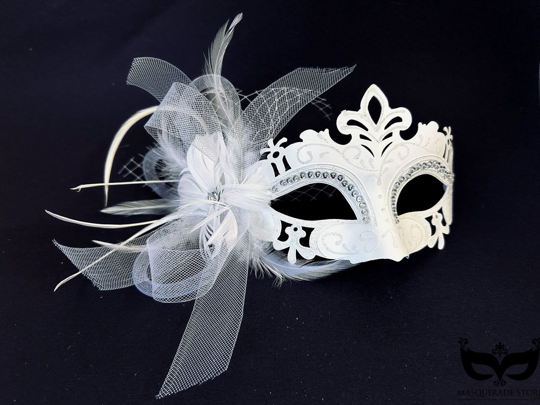 White metal masquerade mask feather detailing for weddings and Venetian masquerade balls