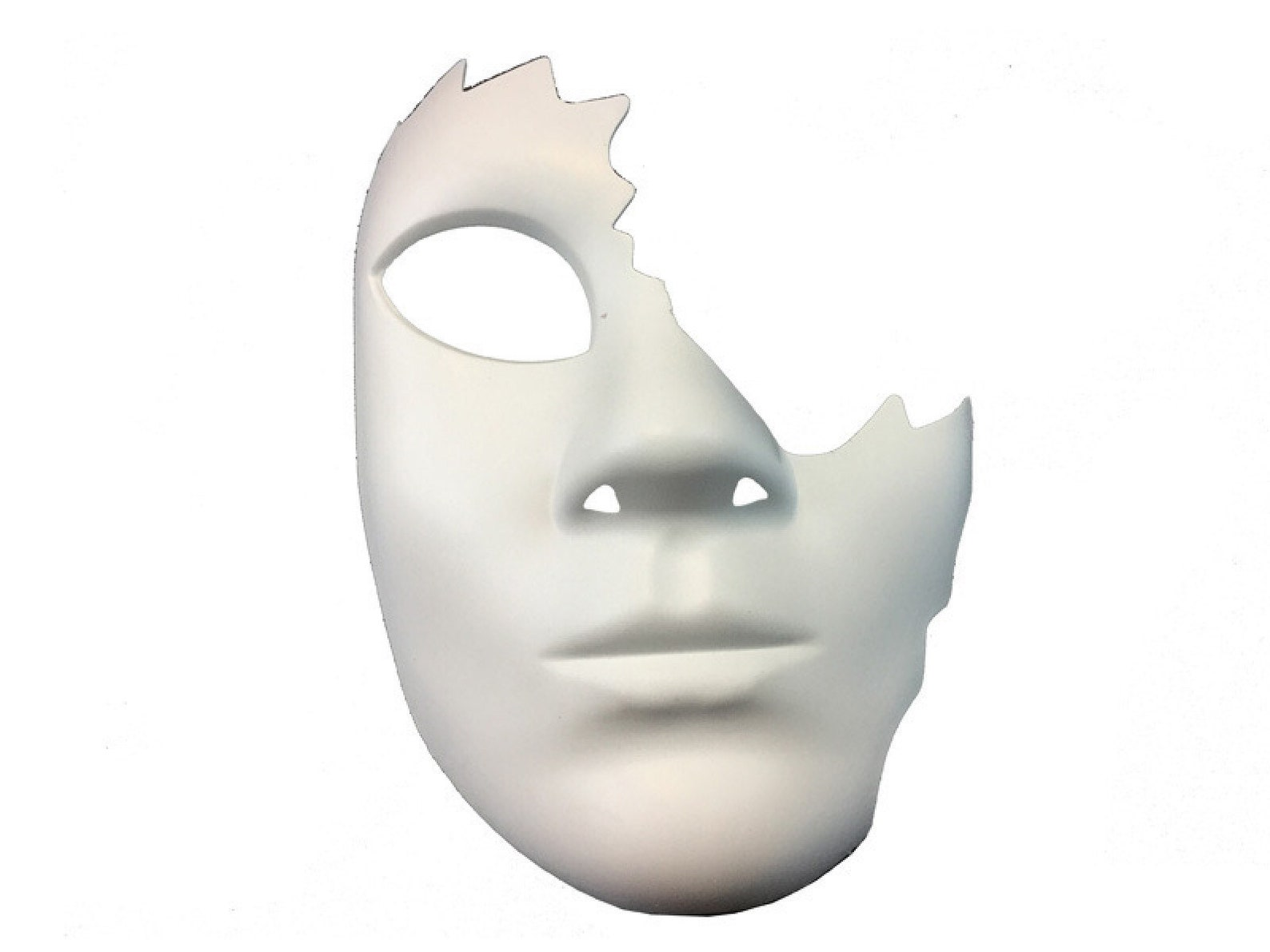 White broken phantom face masquerade half mask with jagged edge design for Halloween, Venetian Carnival, and gothic cosplay.