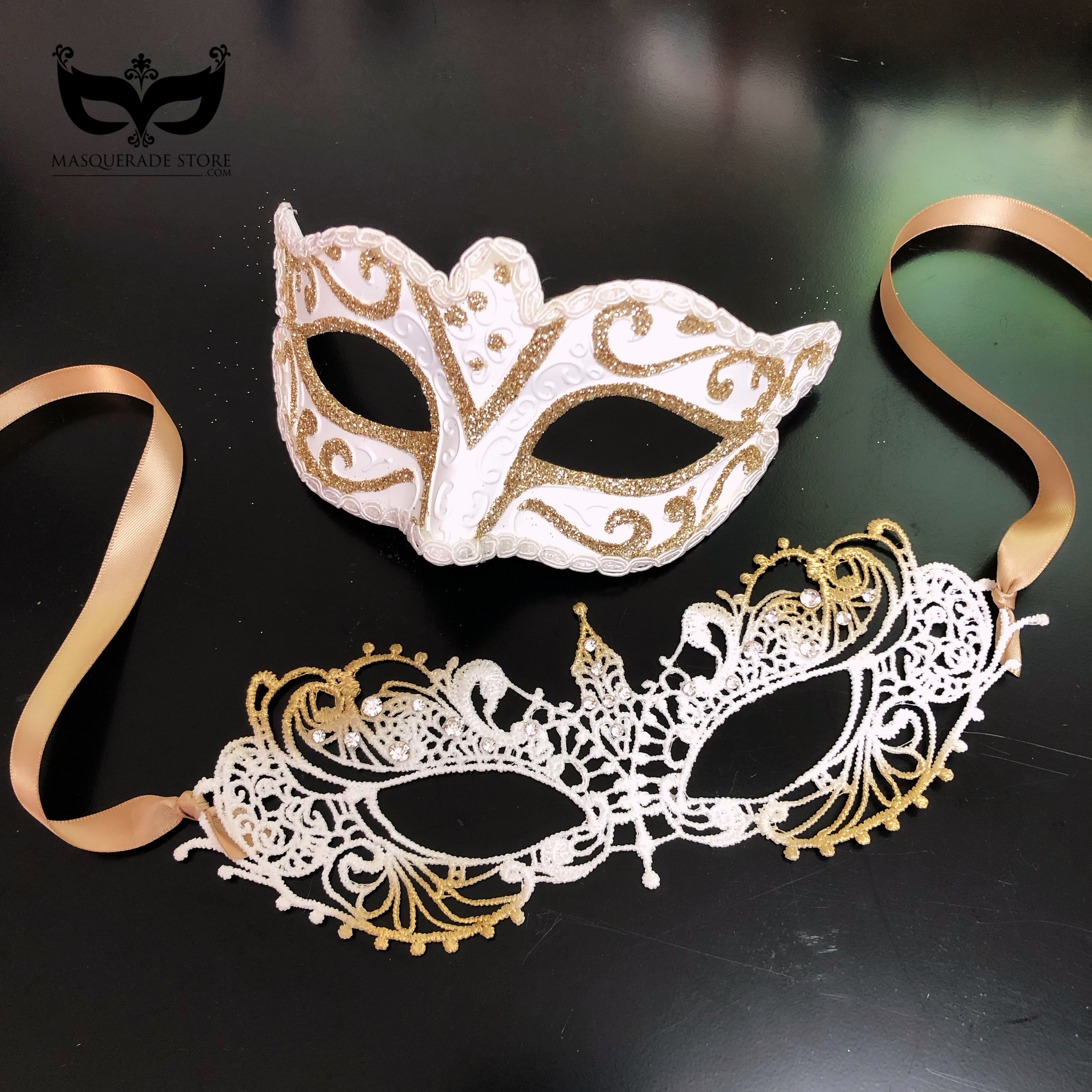 White and gold couples masquerade mask set with Venetian scrollwork and lace design, perfect for weddings, masquerade balls, and proms.