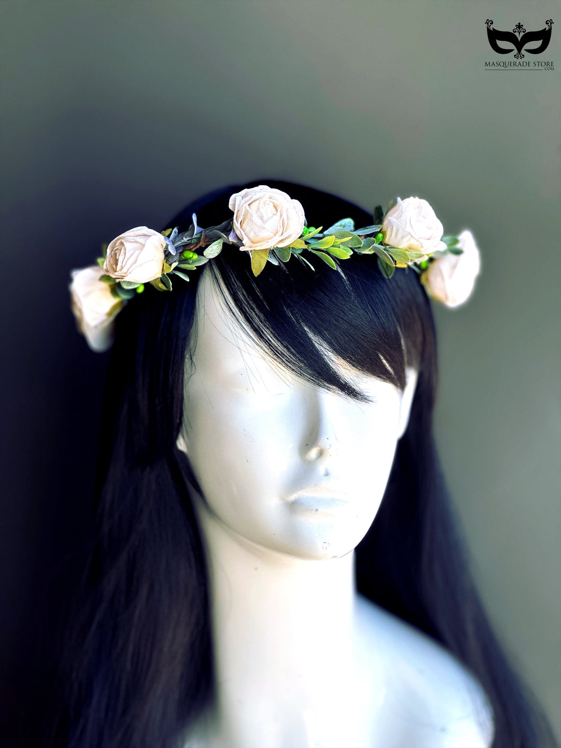 White rose flower crown headband with green leaves for weddings, festivals, and boho fashion