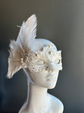 White masquerade mask with lace feather pearl women’s mask.