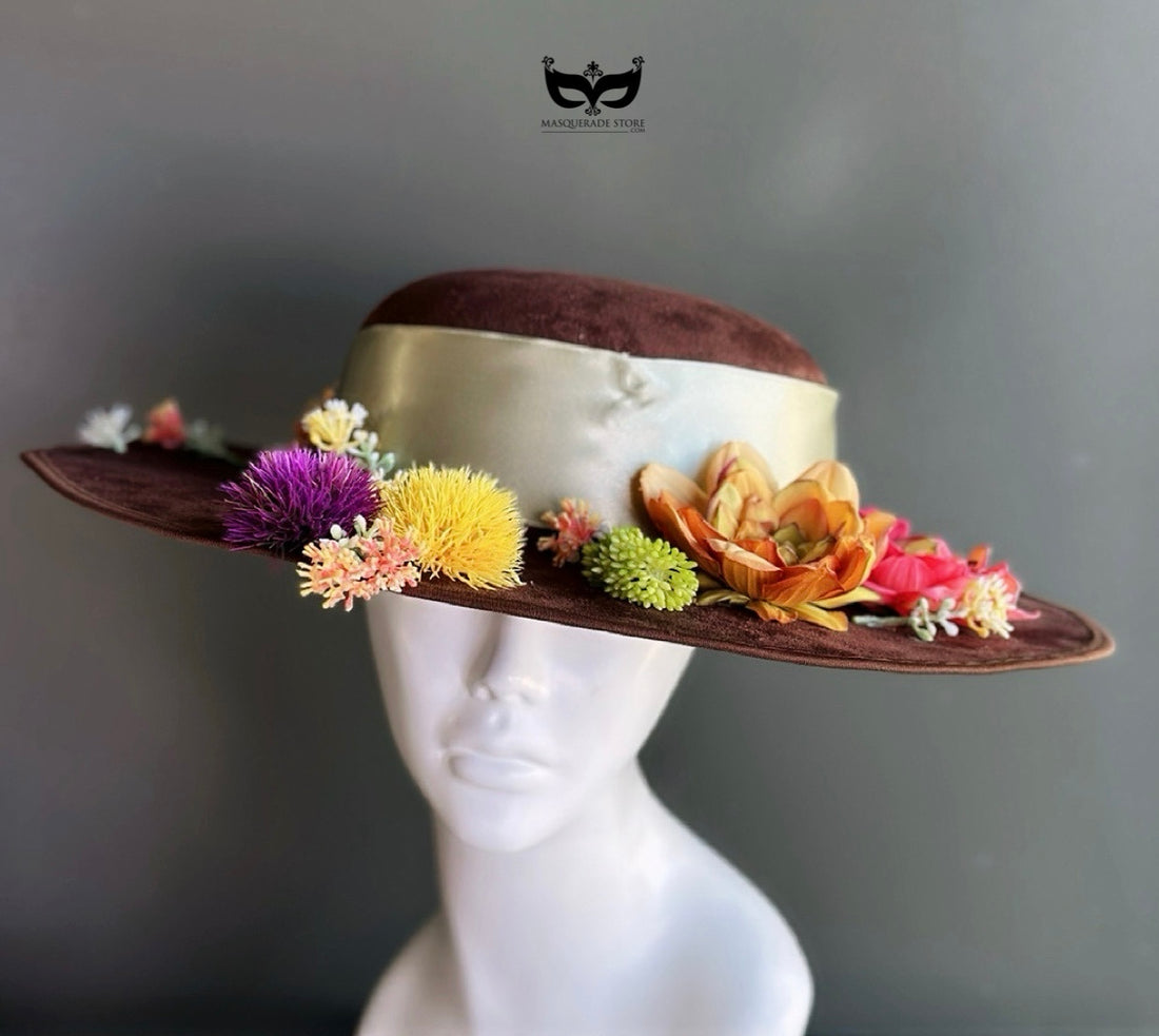 Brown straw wide brim boater hat with ivory satin band and colorful floral trim for derby and garden party events.