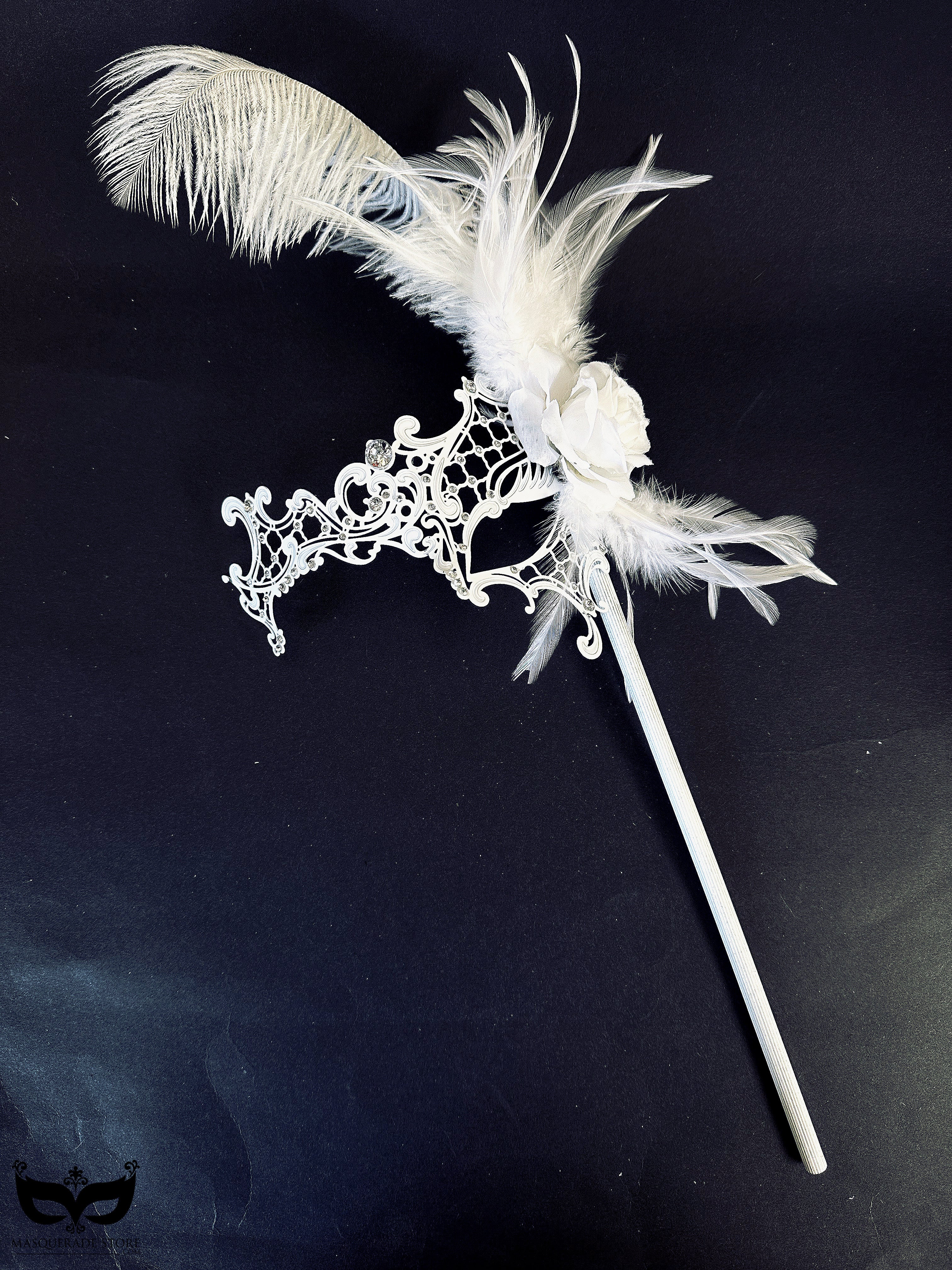 White metal mask with crystals and feather detailing for wedding and venetian masquerade balls