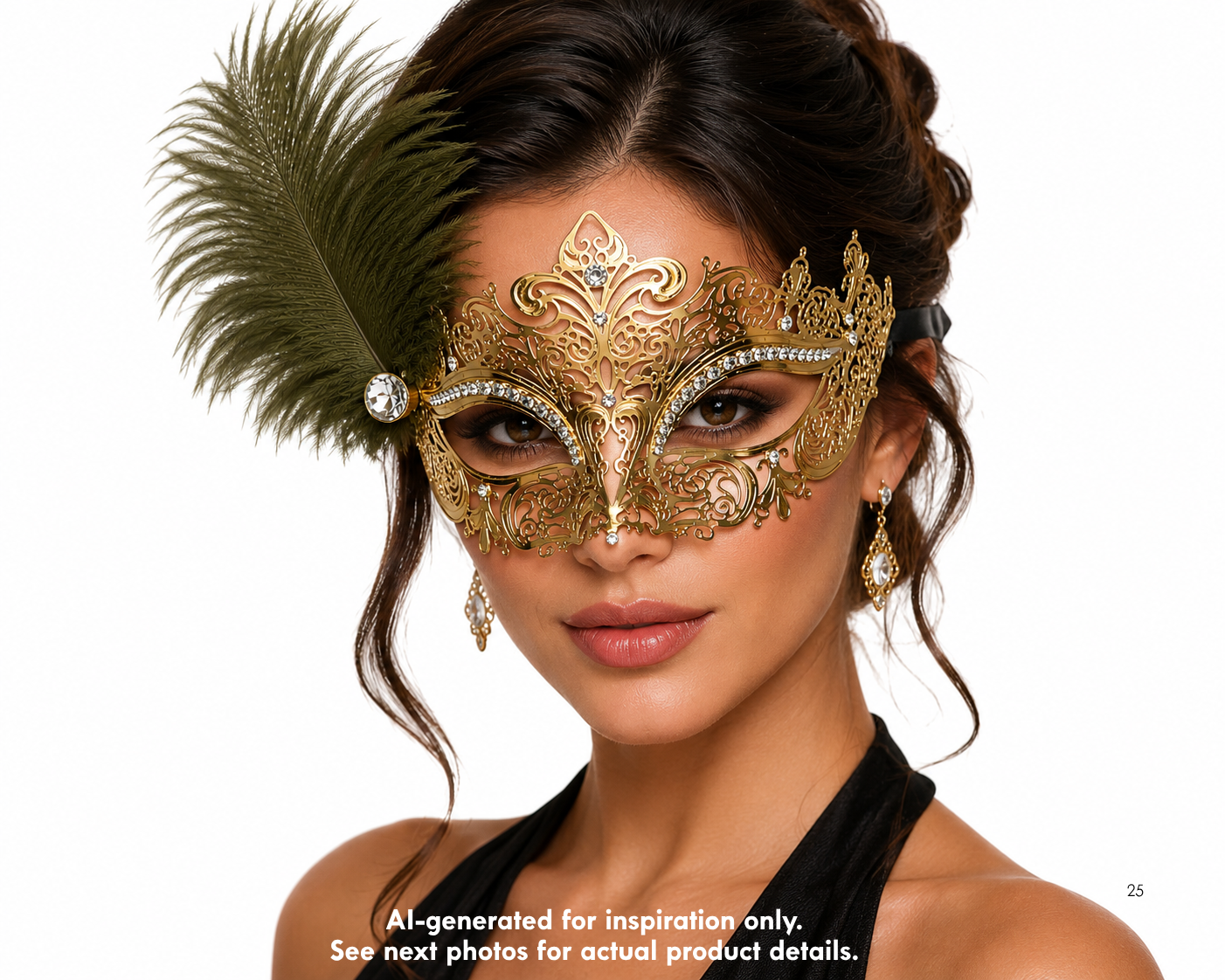 Gold feather masquerade mask with ornate Venetian-style filigree, rhinestone accents, and side plume detail for gala and formal events.