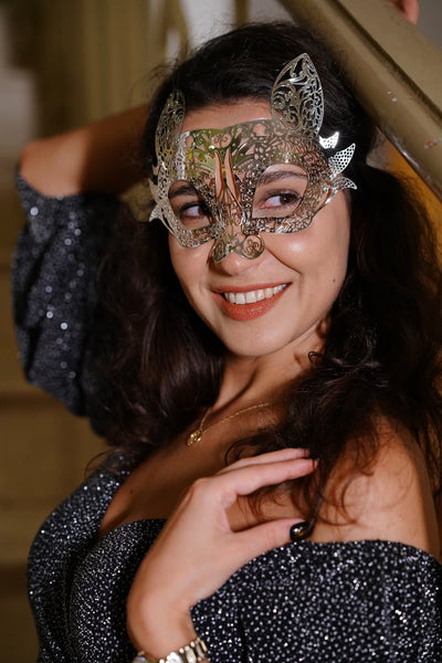 Women's metal bunny masquerade mask in silver.