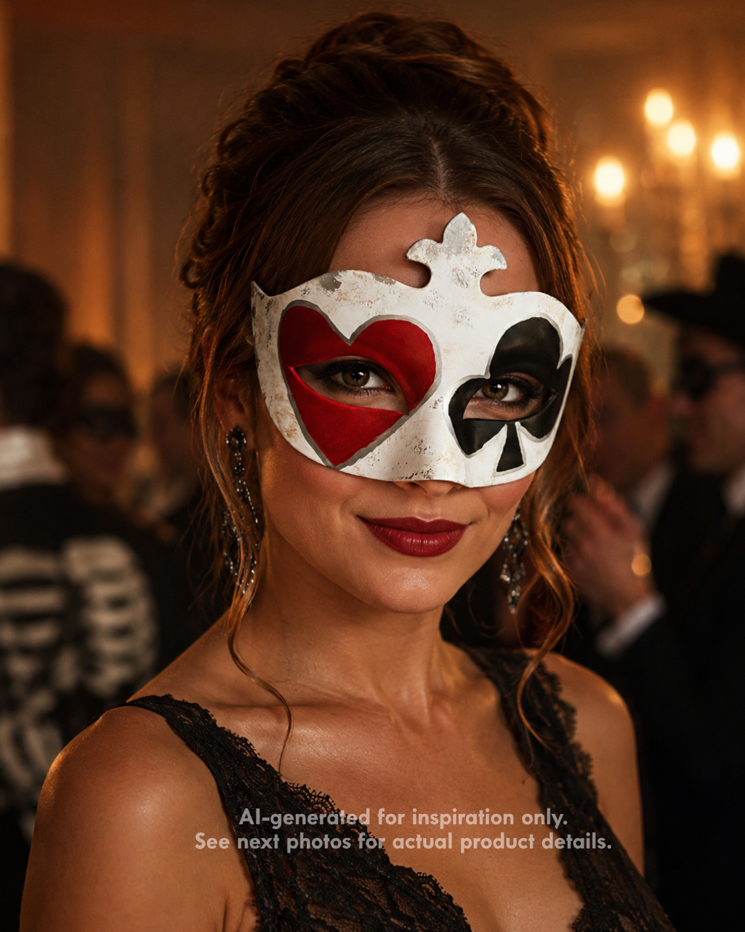 Harlequin Royale women’s casino mask with aged ivory-white base, red heart eye detail, black club accent, raised crest, and distressed masquerade styling.